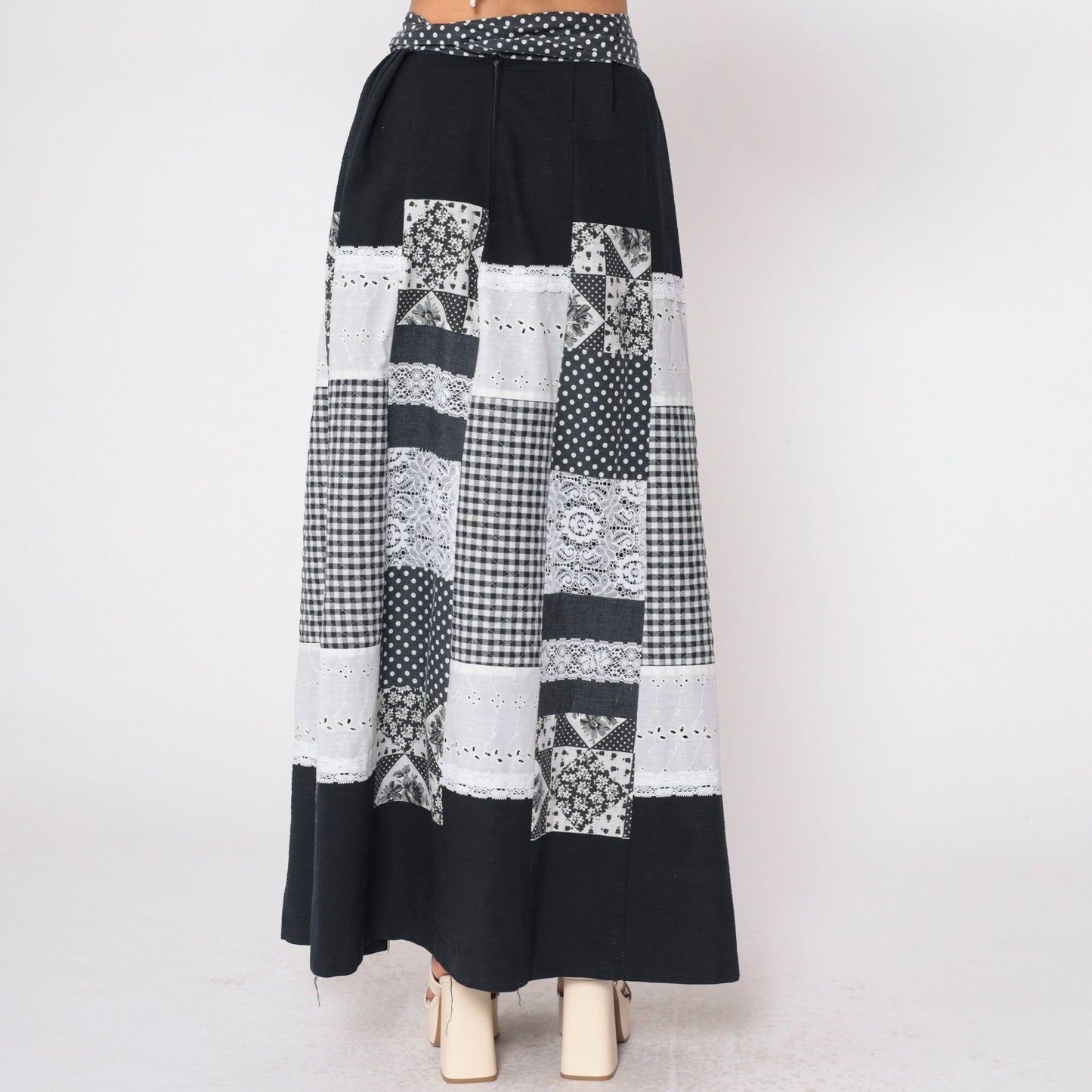 70s Patchwork Wrap Skirt Black White Maxi Eyelet Lace Gingham Polka Dot Medium Large