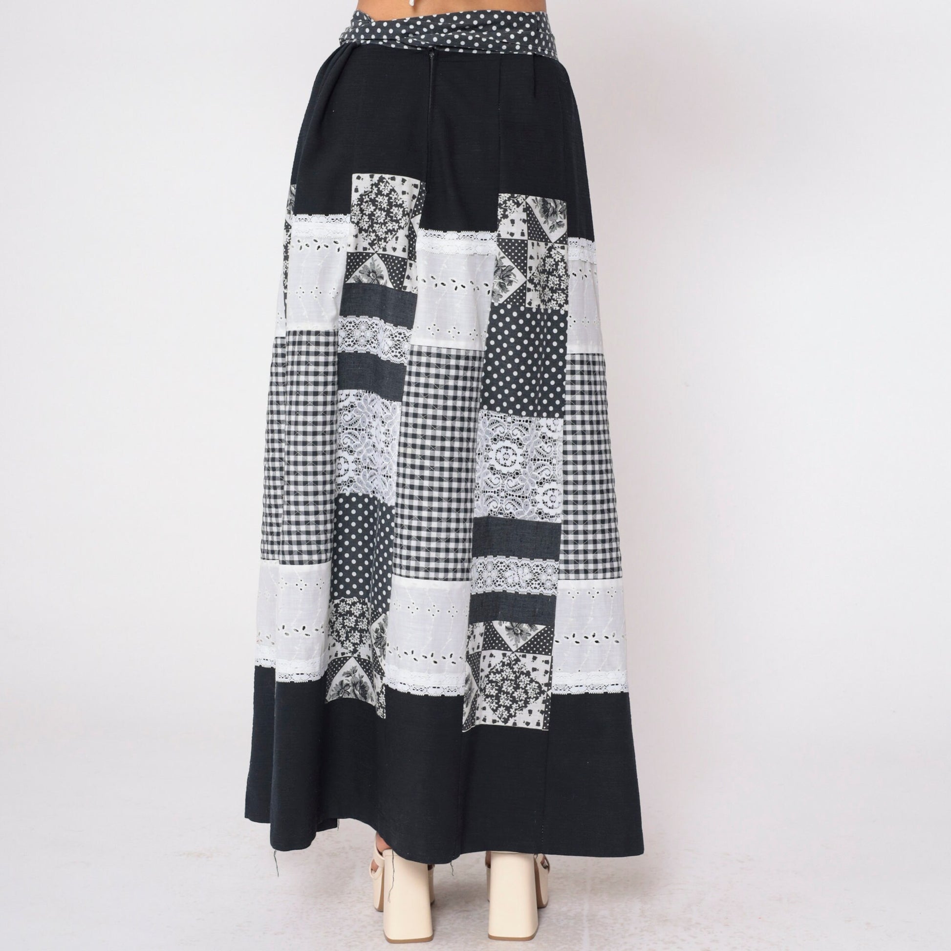 70s Patchwork Wrap Skirt Black White Maxi Eyelet Lace Gingham Polka Dot Medium Large