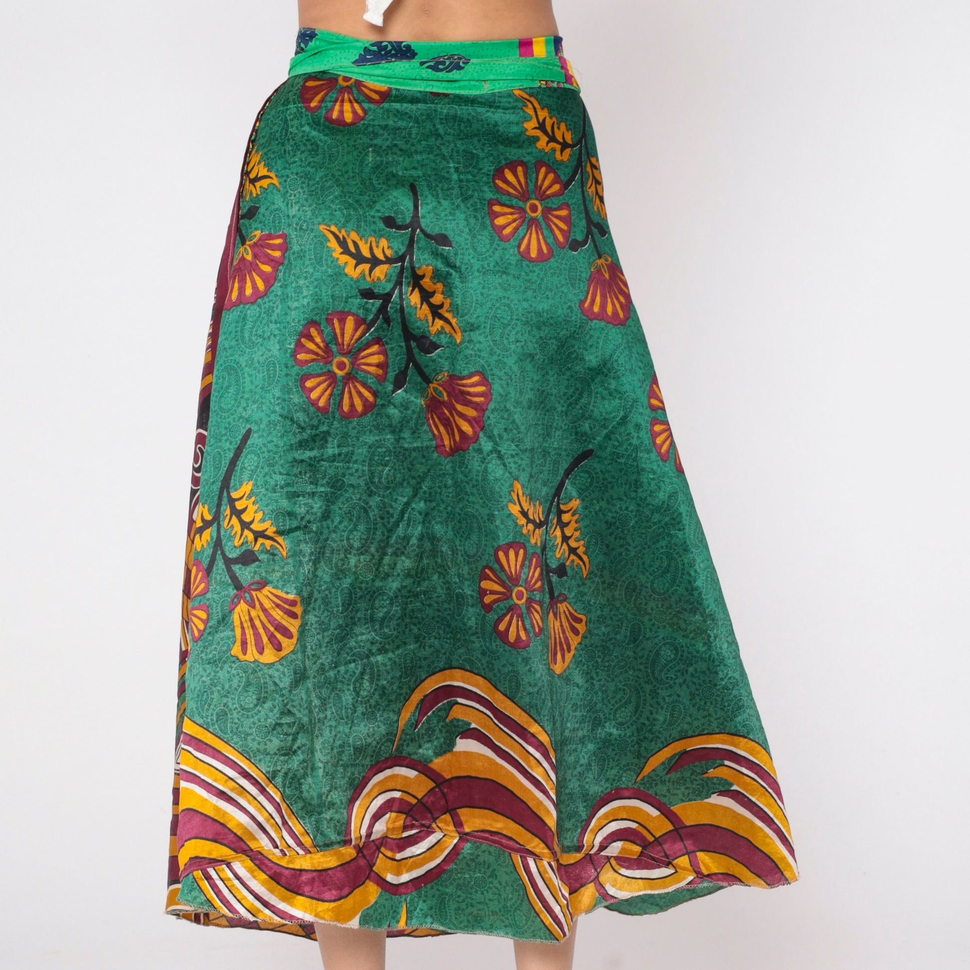 Y2K Reversible Wrap Midi Skirt Green Floral Paisley Print 00s Small Medium Large