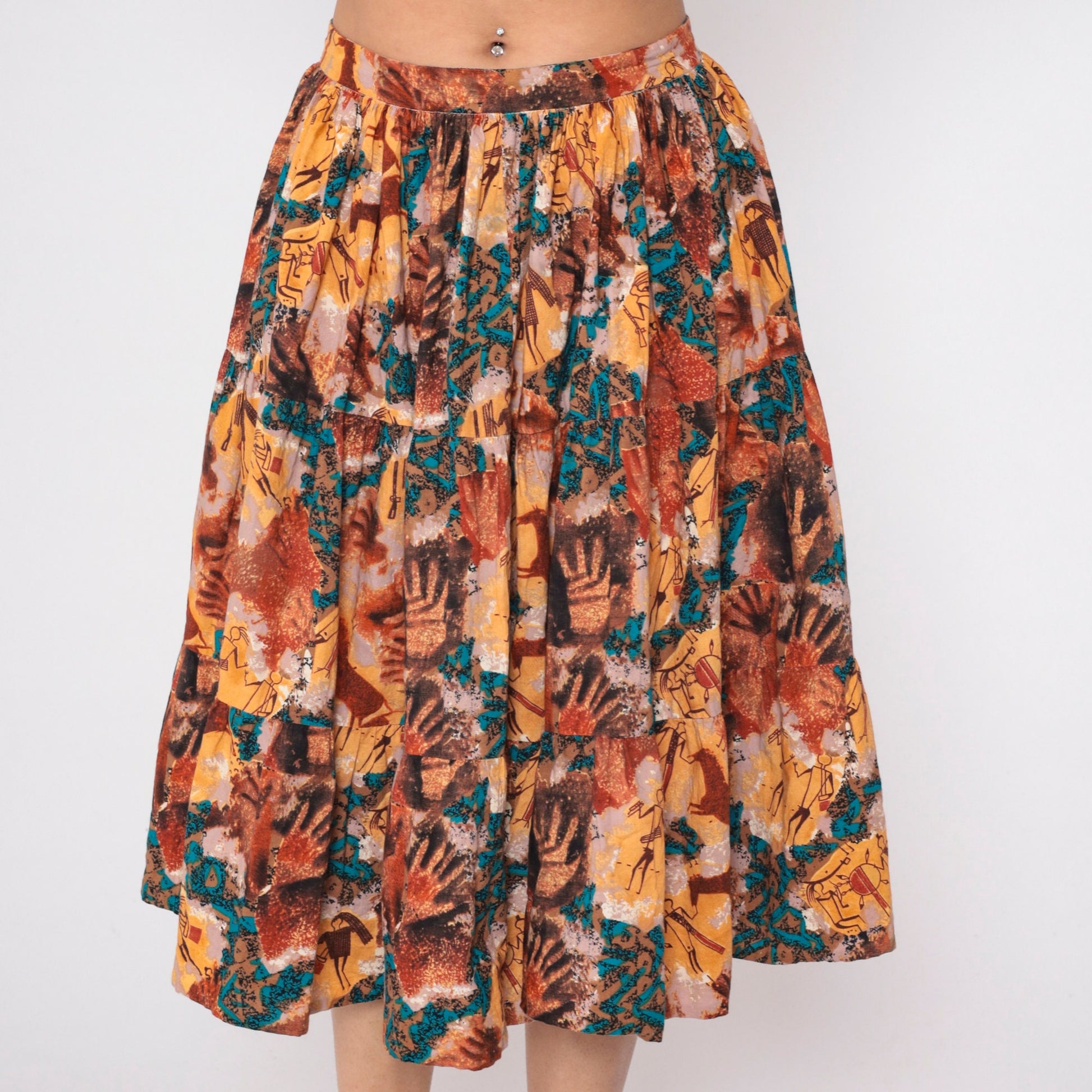 90s Tie Dye Petroglyph Tiered Midi Skirt High Waist Multicolor Cotton Medium M