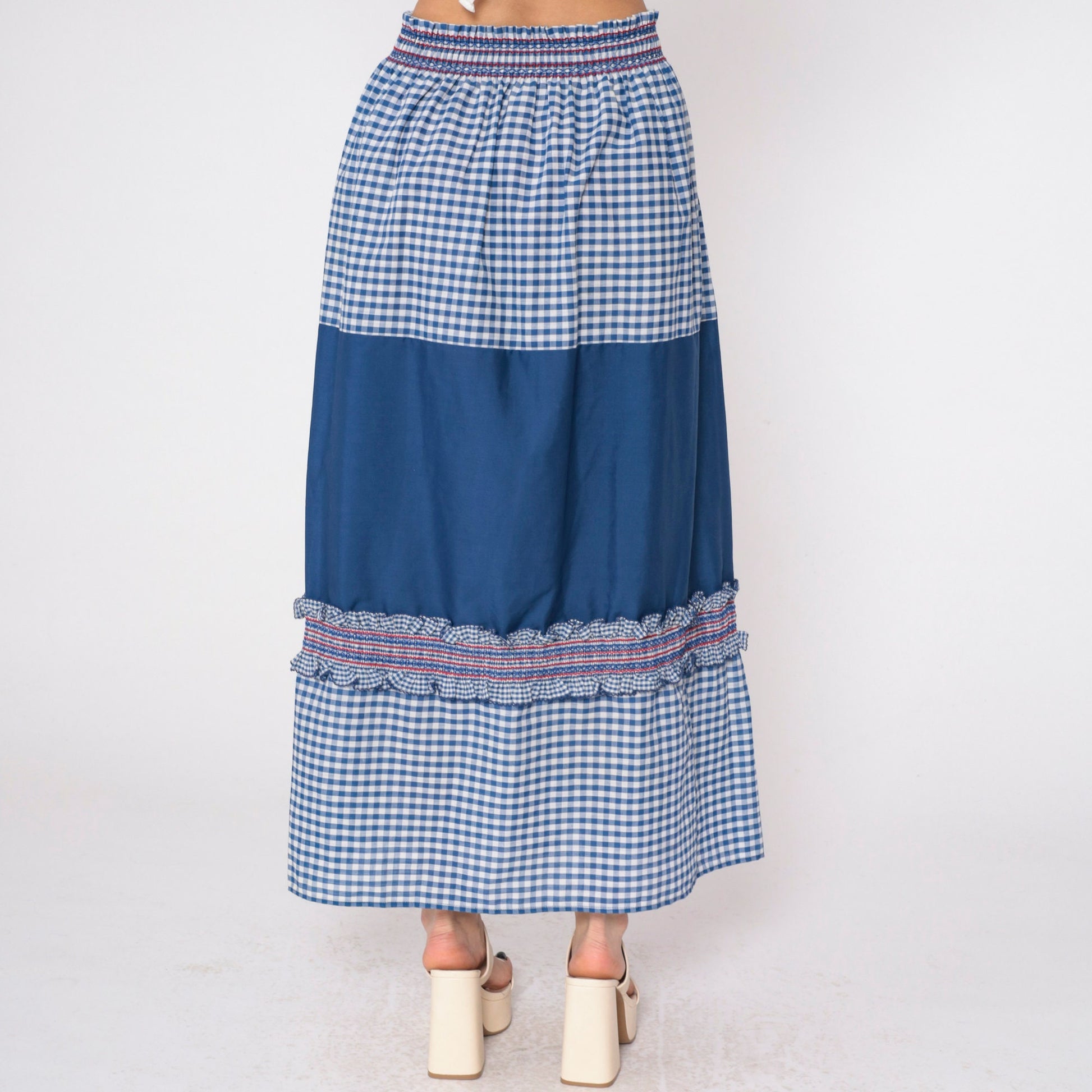 80s Blue Gingham Maxi Skirt High Waist Smocked Ruffled Patchwork Medium Large