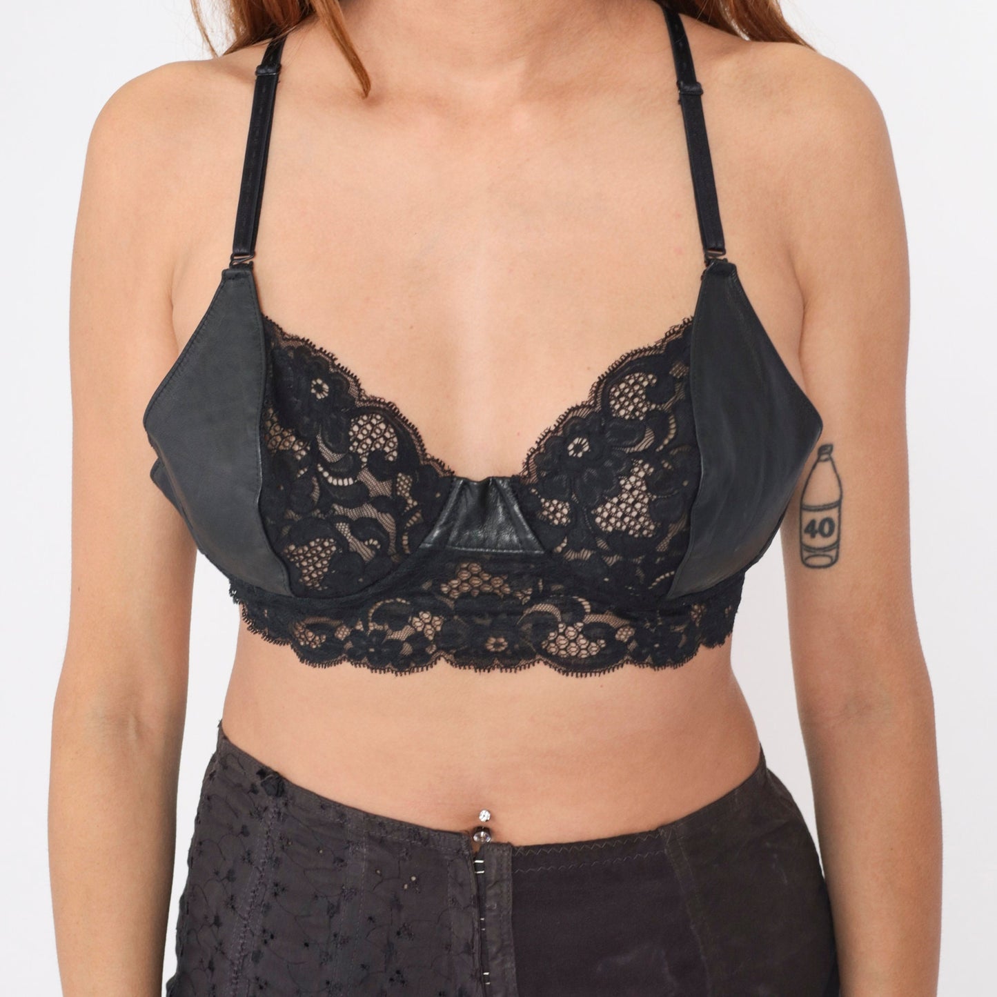 90s Black Leather Underwire Bra Scalloped Lace Sheer 36D