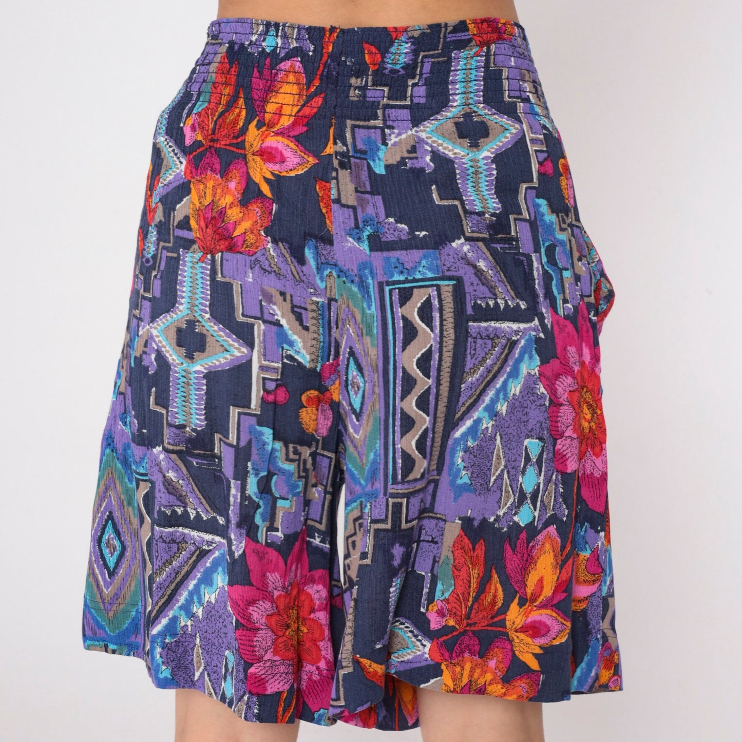 90s Carole Little Abstract Floral Wide Leg Shorts Purple Geometric Print Small