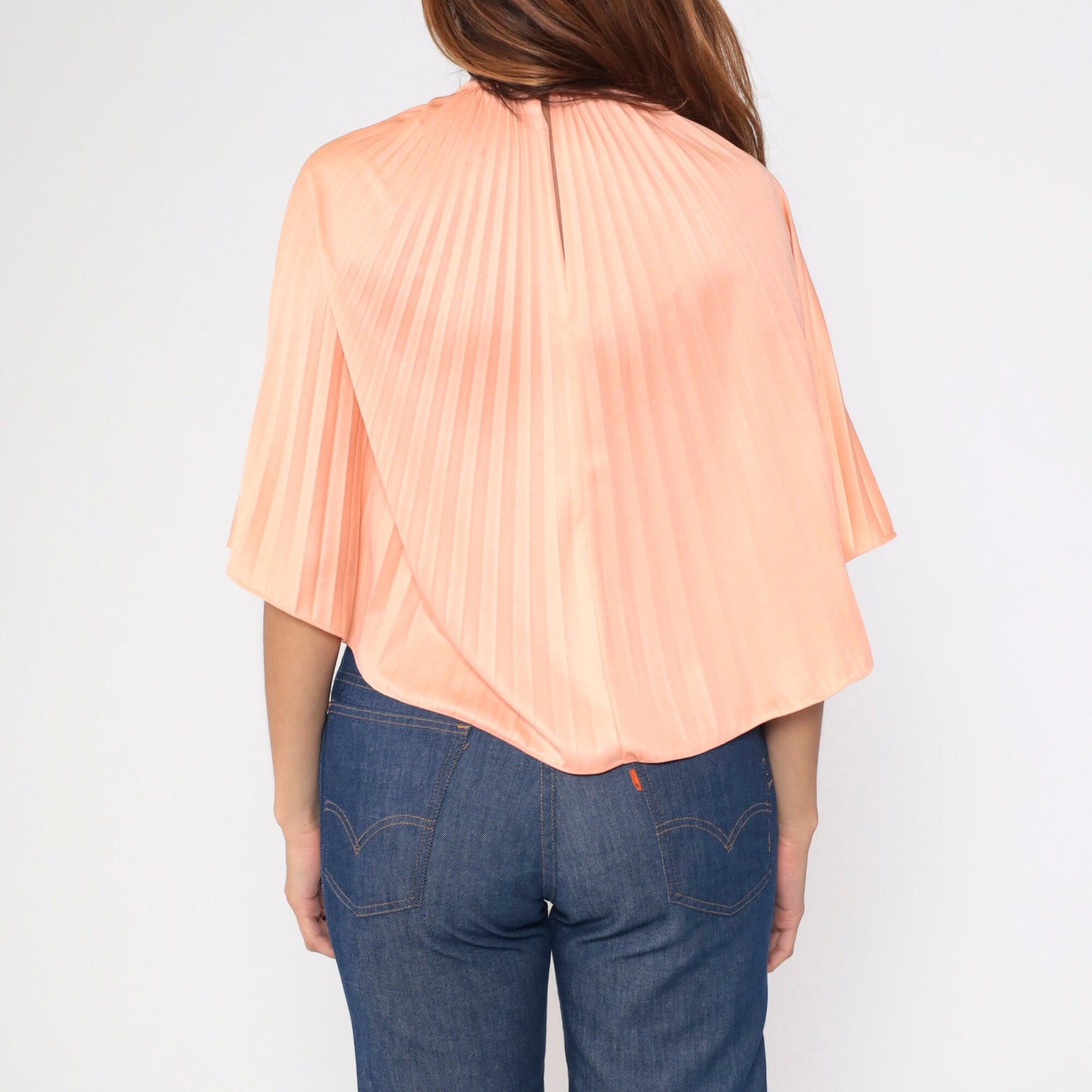 70s Peach Pleated Crop Blouse Wide Sleeve Keyhole Back Small