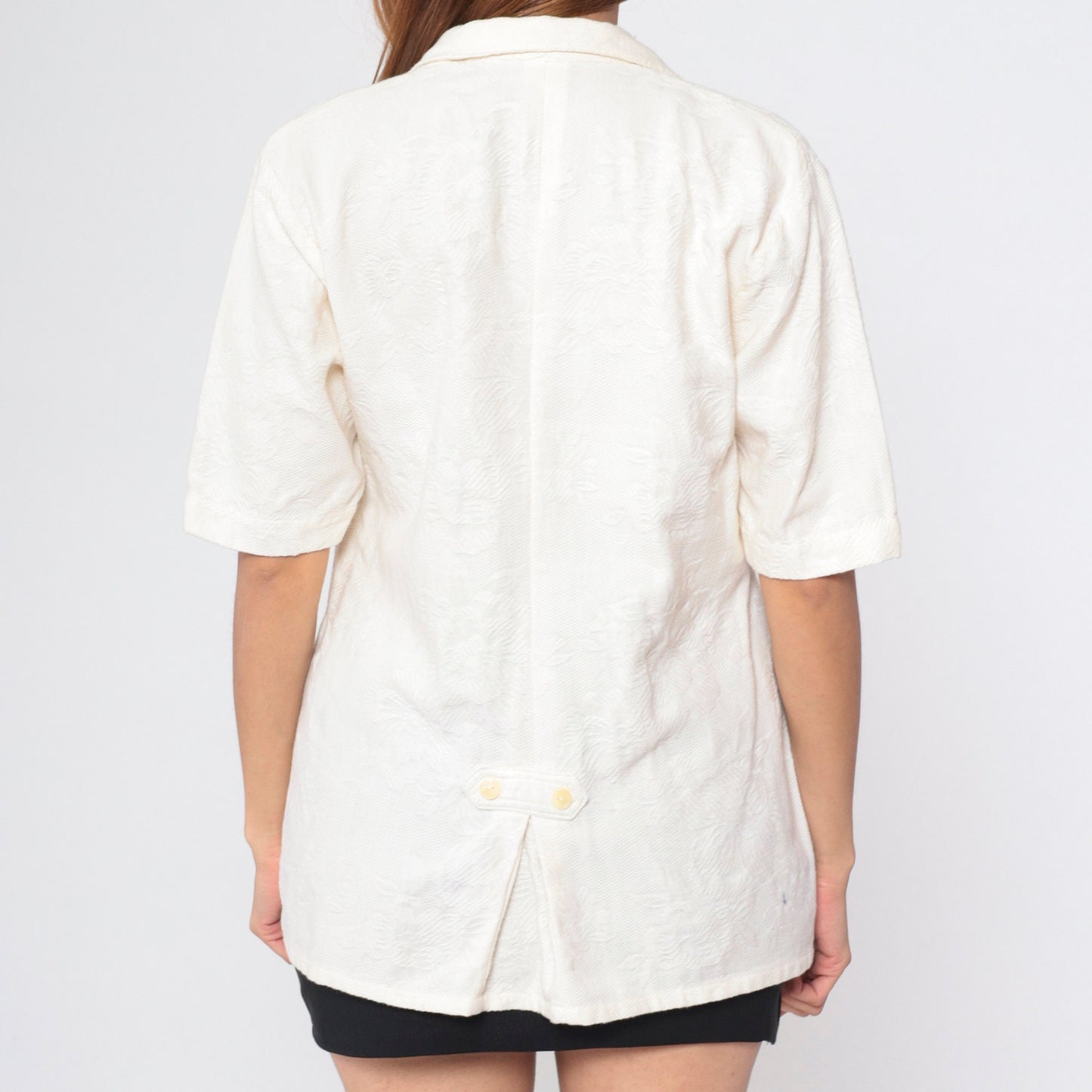 90s Cream Floral Embossed Double Breasted Button Up Blouse Short Sleeve Large