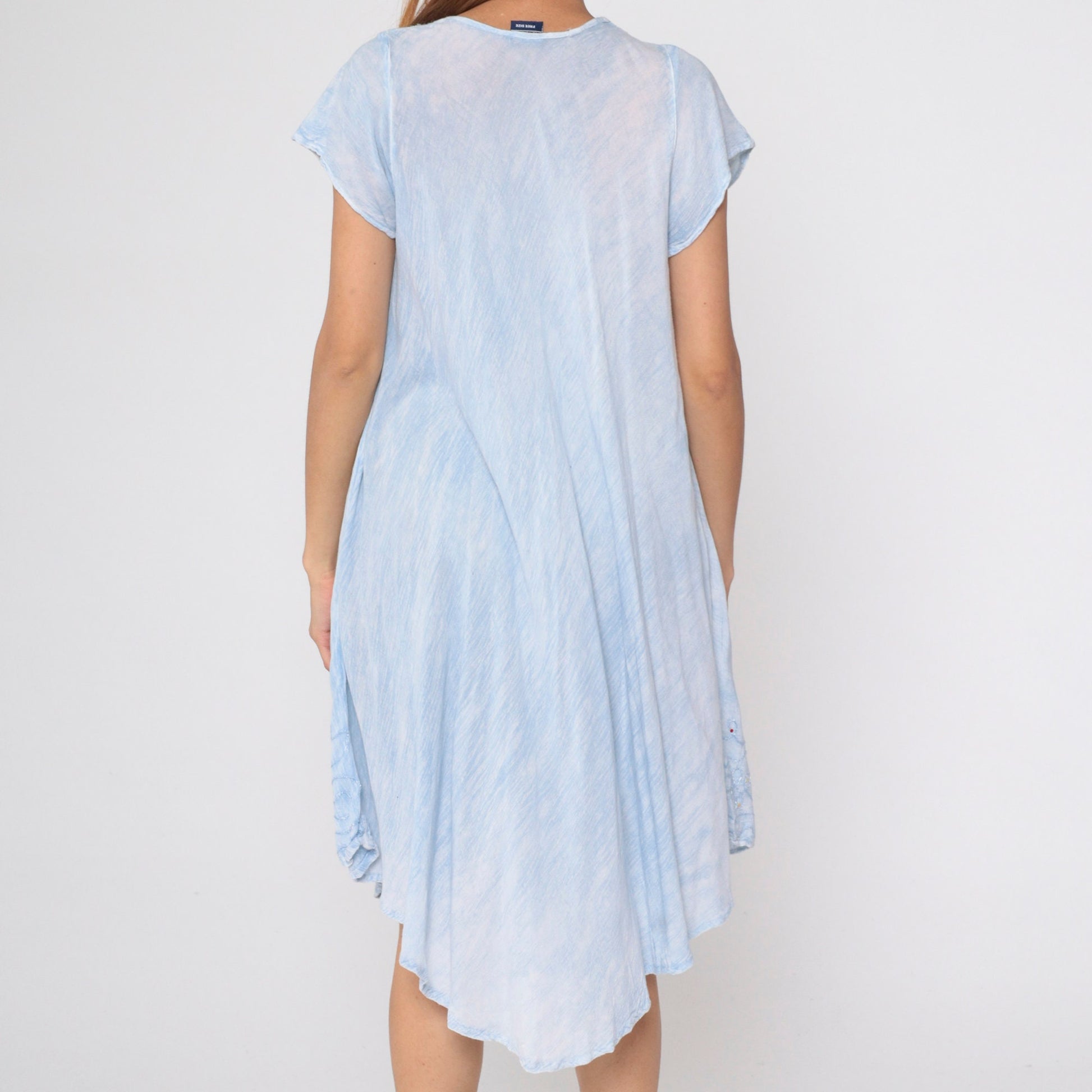 Y2K Tie Dye Baby Blue Midi Dress Rhinestone Embroidered Keyhole Neck