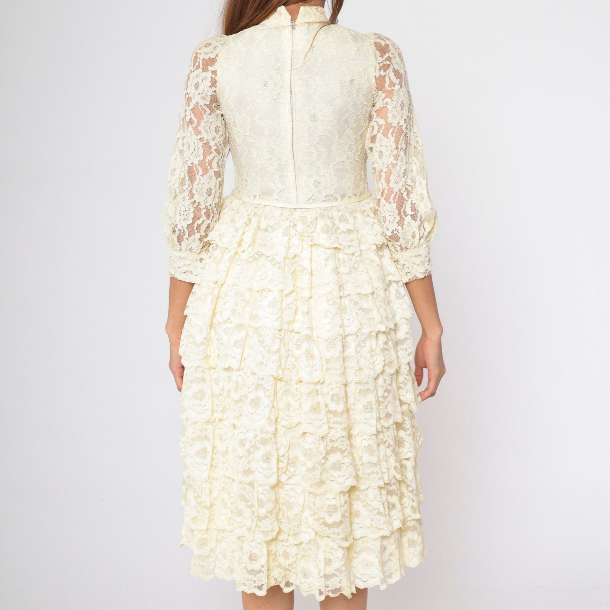 1960s Cream Floral Lace Midi Dress Puff Sleeve High Waist Tiered Ruffle XXS