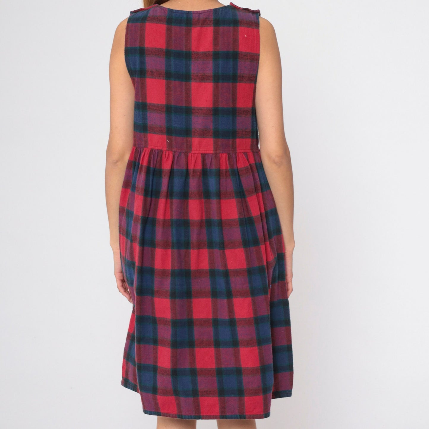 90s Plaid Midi Jumper Dress Button Straps Empire Waist Red Blue Checkered Small