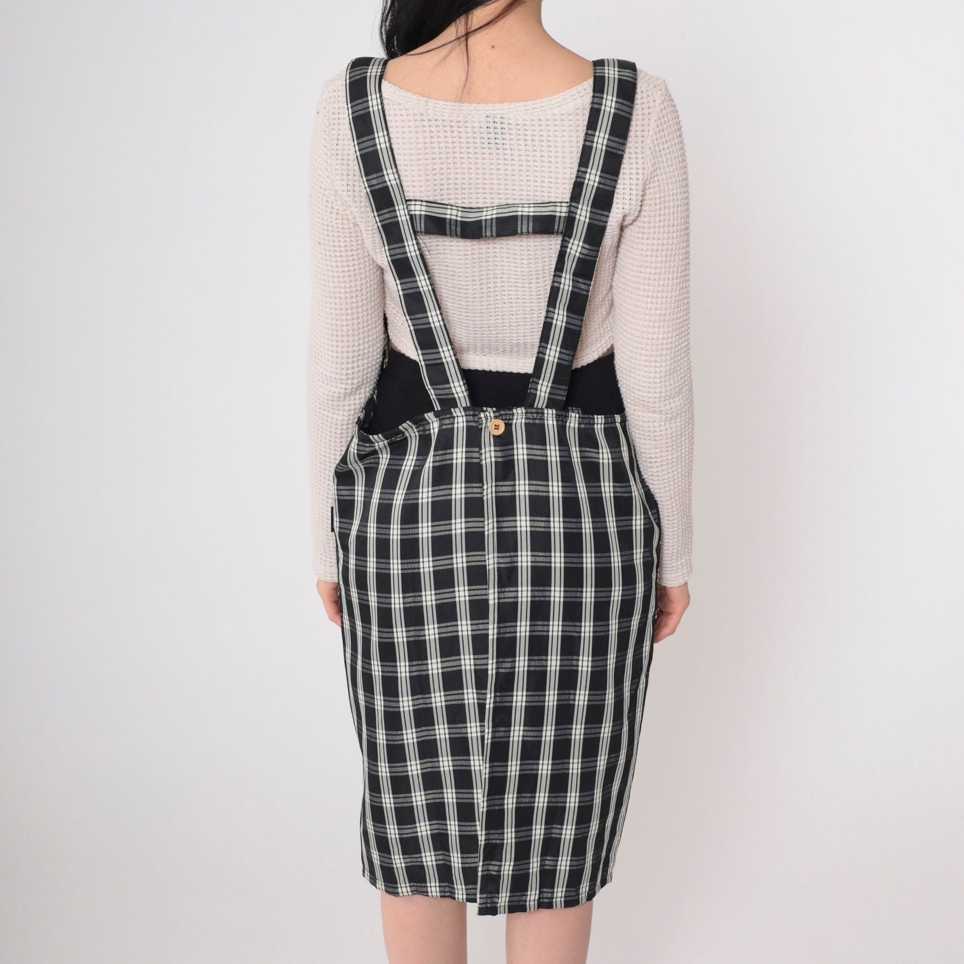 Y2K Santa Barbara Polo Plaid Apron Dress Black White Checkered Mini Open Back Small