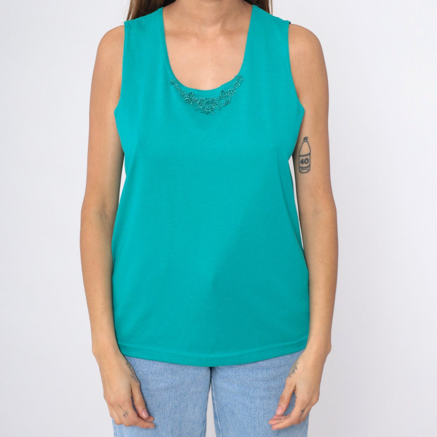 90s Teal Tank Top Floral Lace Trim Sleeveless Blouse Medium