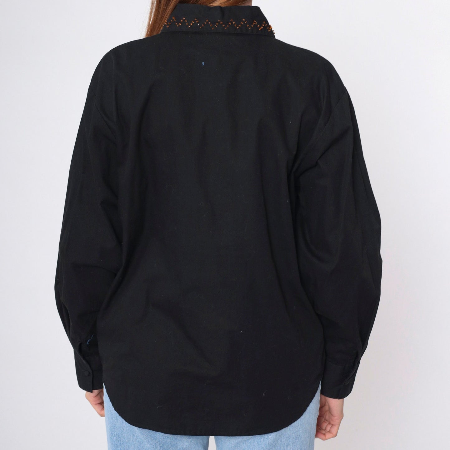 90s Southwest Embroidered Beaded Black Cotton Button Up Blouse Large L