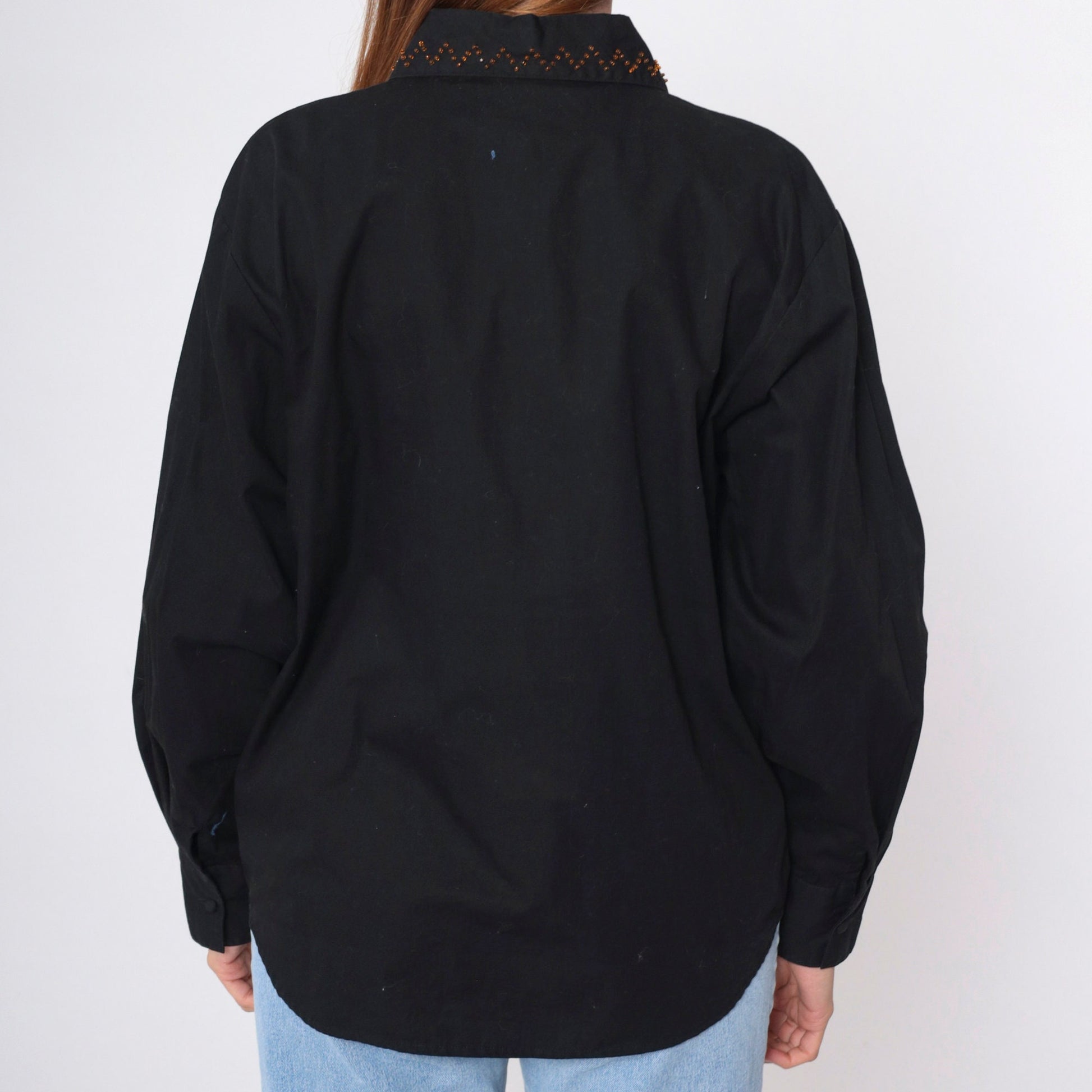 90s Southwest Embroidered Beaded Black Cotton Button Up Blouse Large L