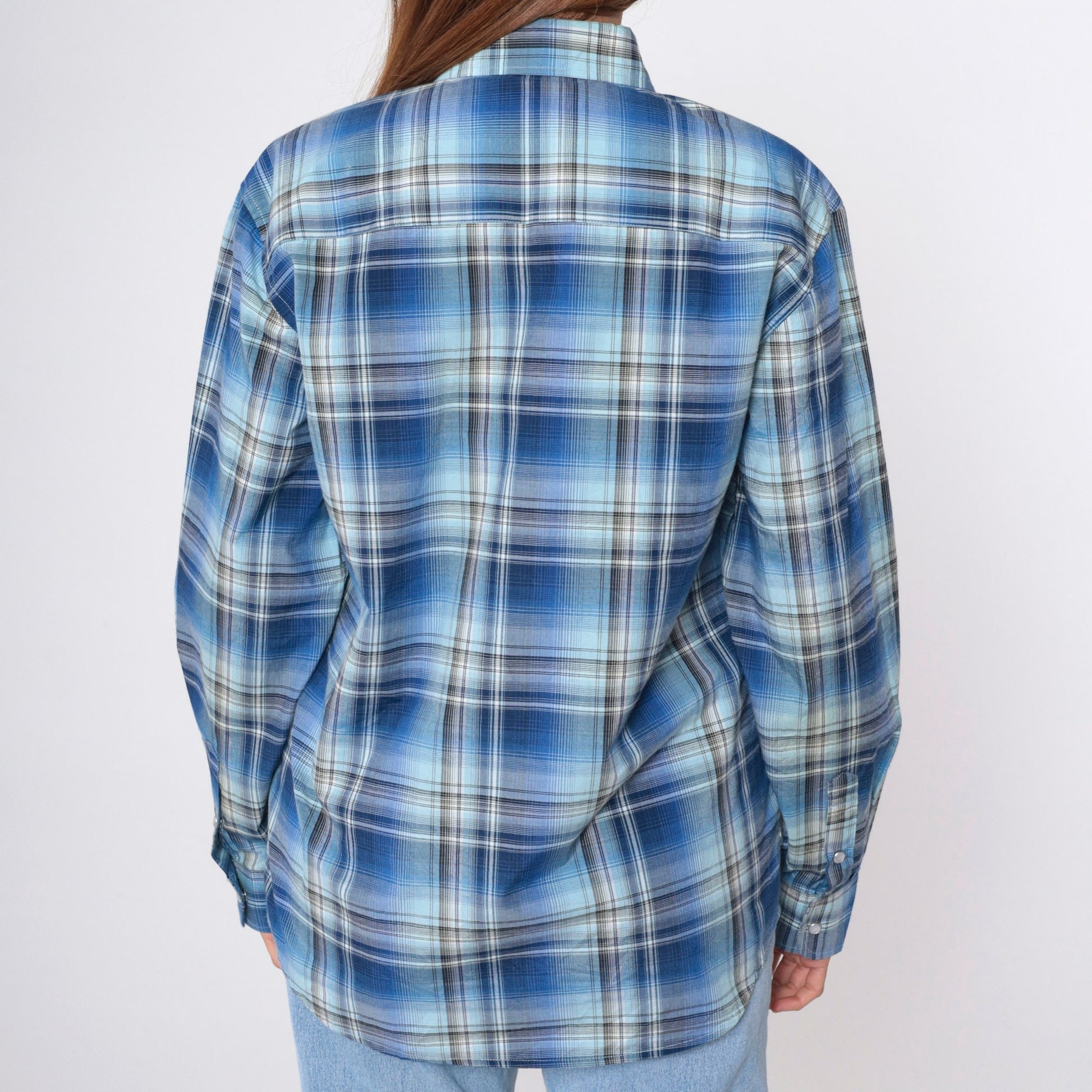 80s Haband Western Shirt Blue Plaid Pearl Snap Cowboy Small