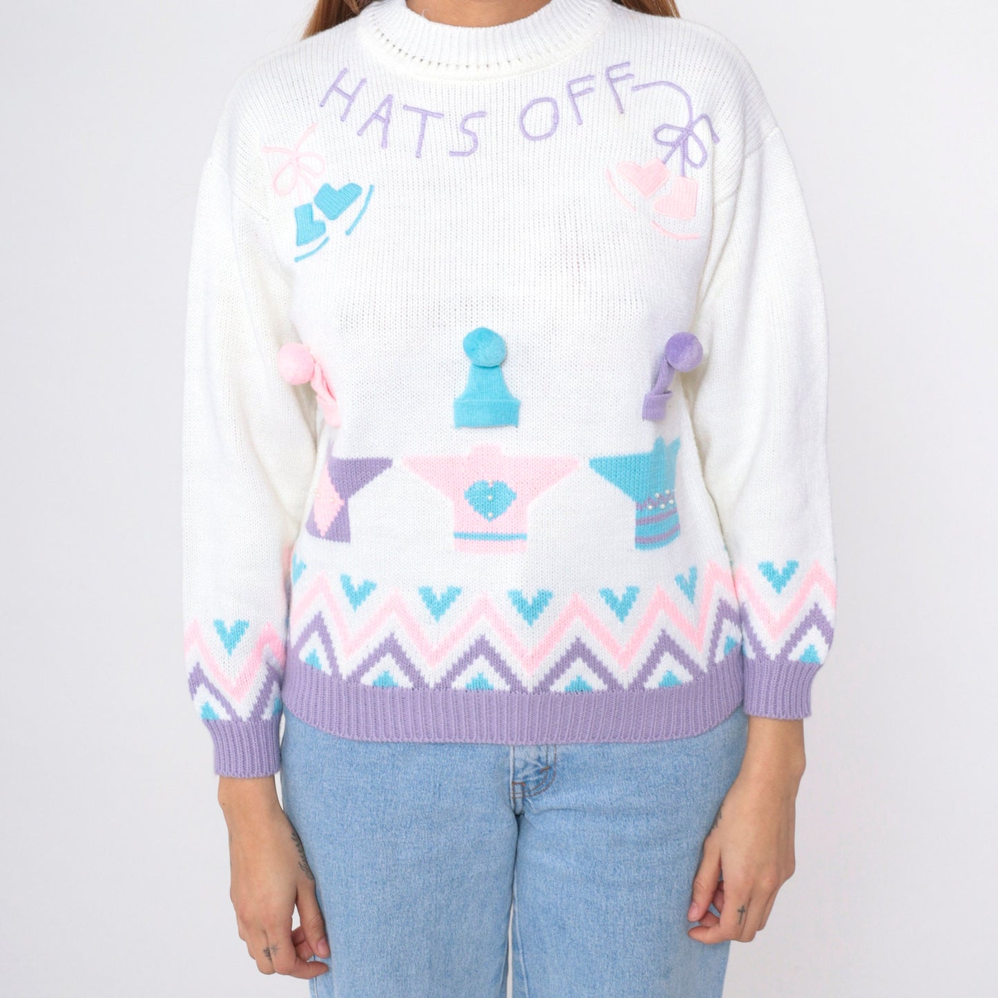 90s Hats Off Ice Skating Graphic Sweater Pastel Novelty Knit Small