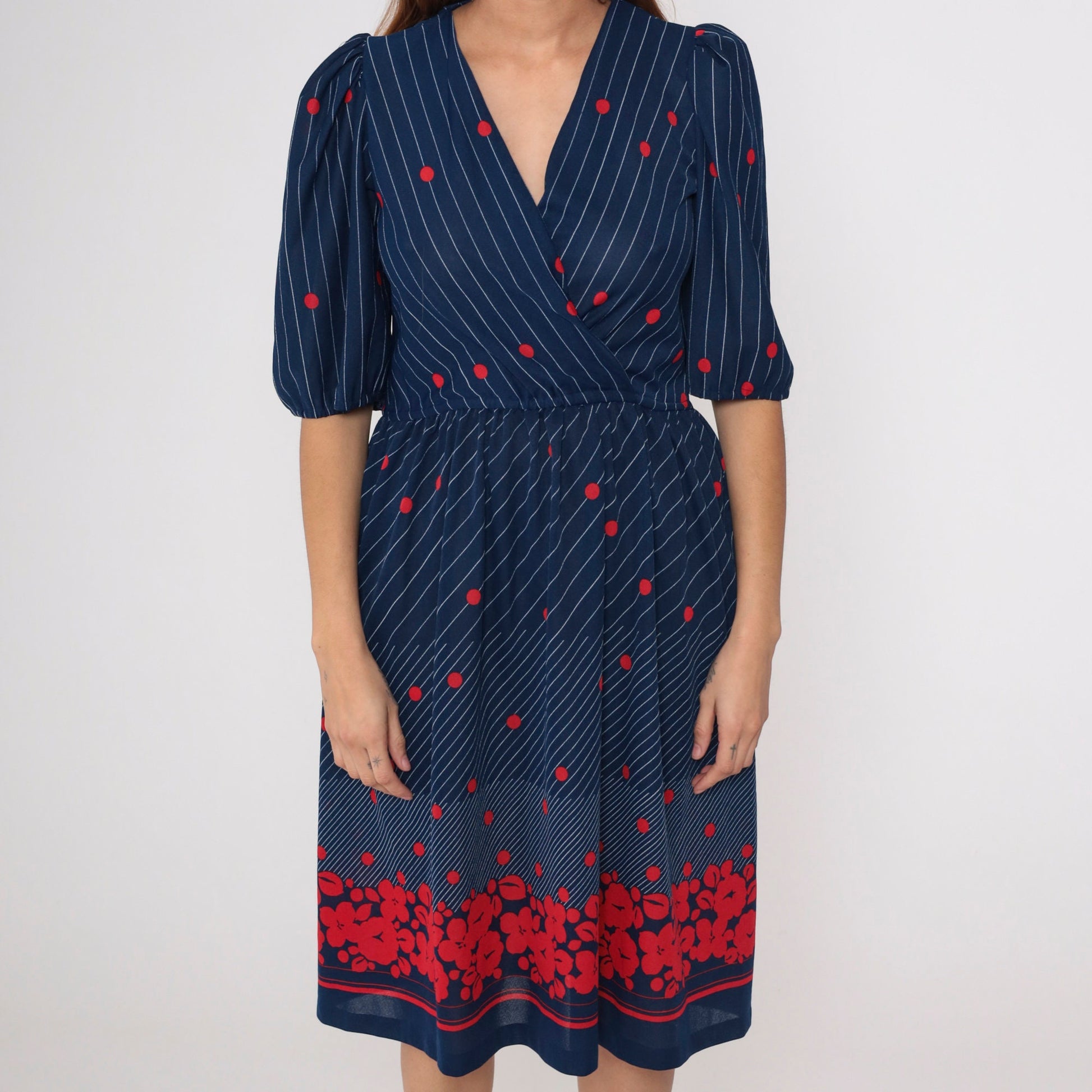 70s Navy Midi Wrap Dress Puff Sleeve Floral Polka Dot Striped Small