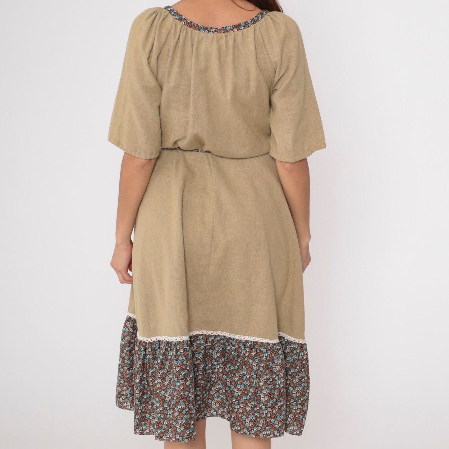 70s Floral Peasant Dress Olive Brown Midi Keyhole Bow Tie Waist Medium