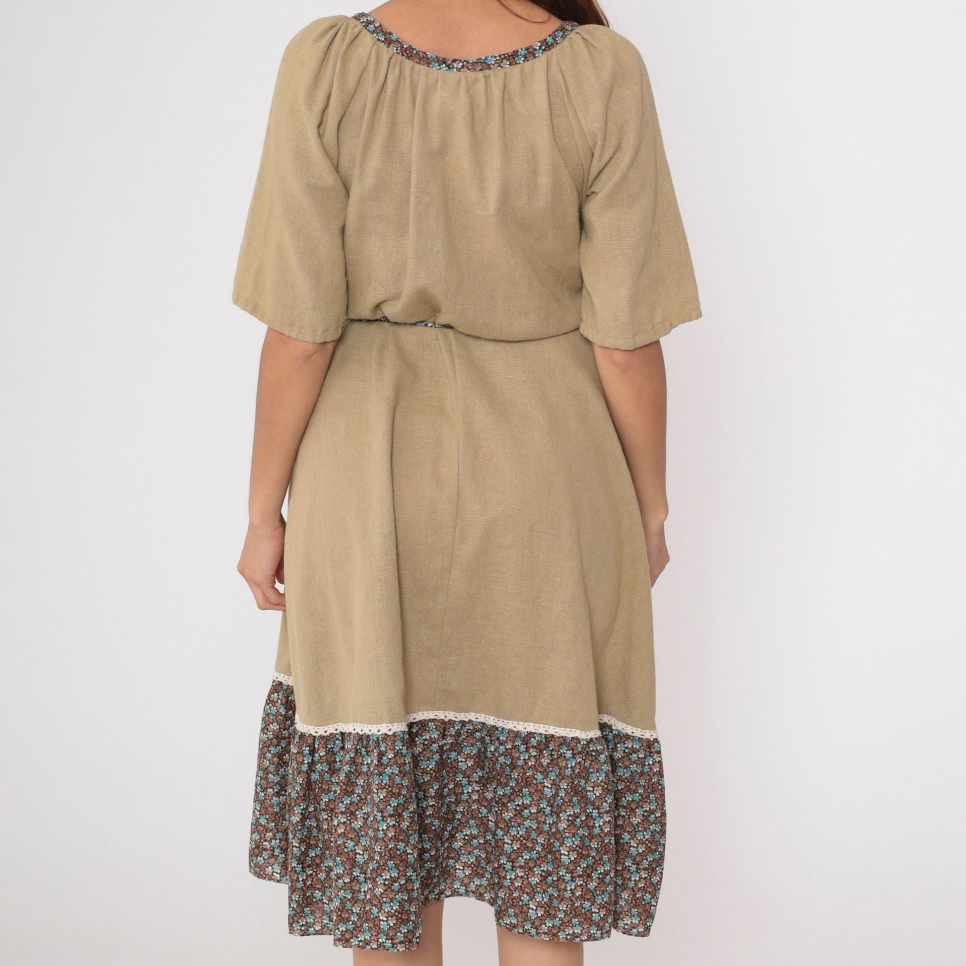 70s Floral Peasant Dress Olive Brown Midi Keyhole Bow Tie Waist Medium