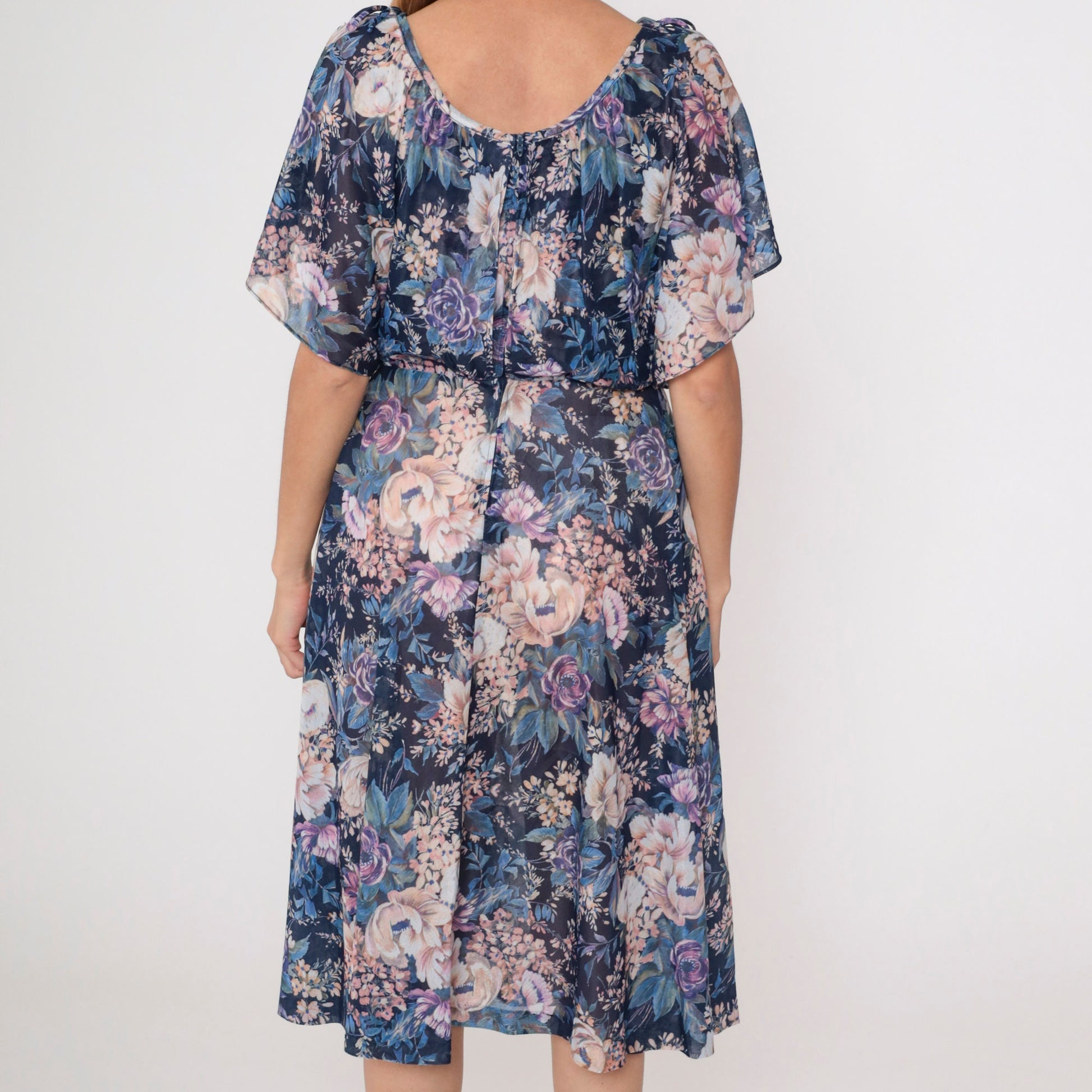 70s Navy Floral Midi Dress Split Flutter Sleeve High Waist Small Medium