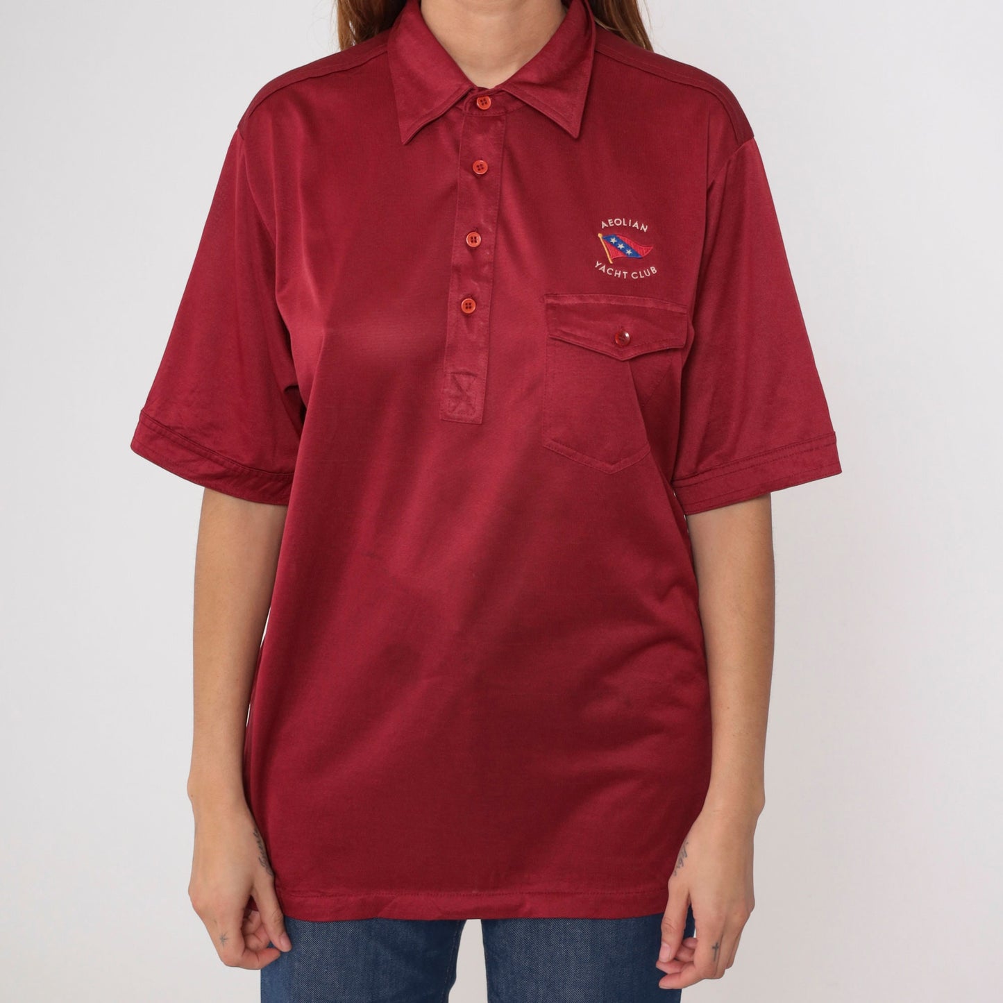 80s Aeolian Yacht Club Polo Shirt Alameda California Embroidered Dark Red Large
