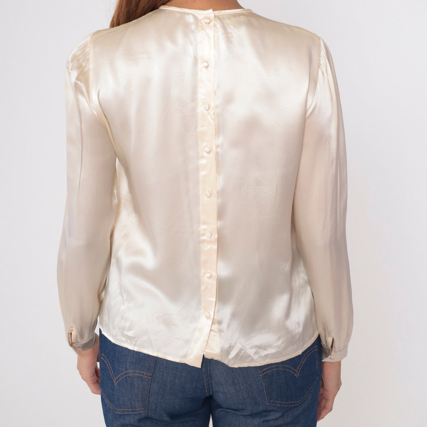 80s Lloyd Williams Silk Blouse Cream Sequin Leaf Beaded Puff Sleeve Medium