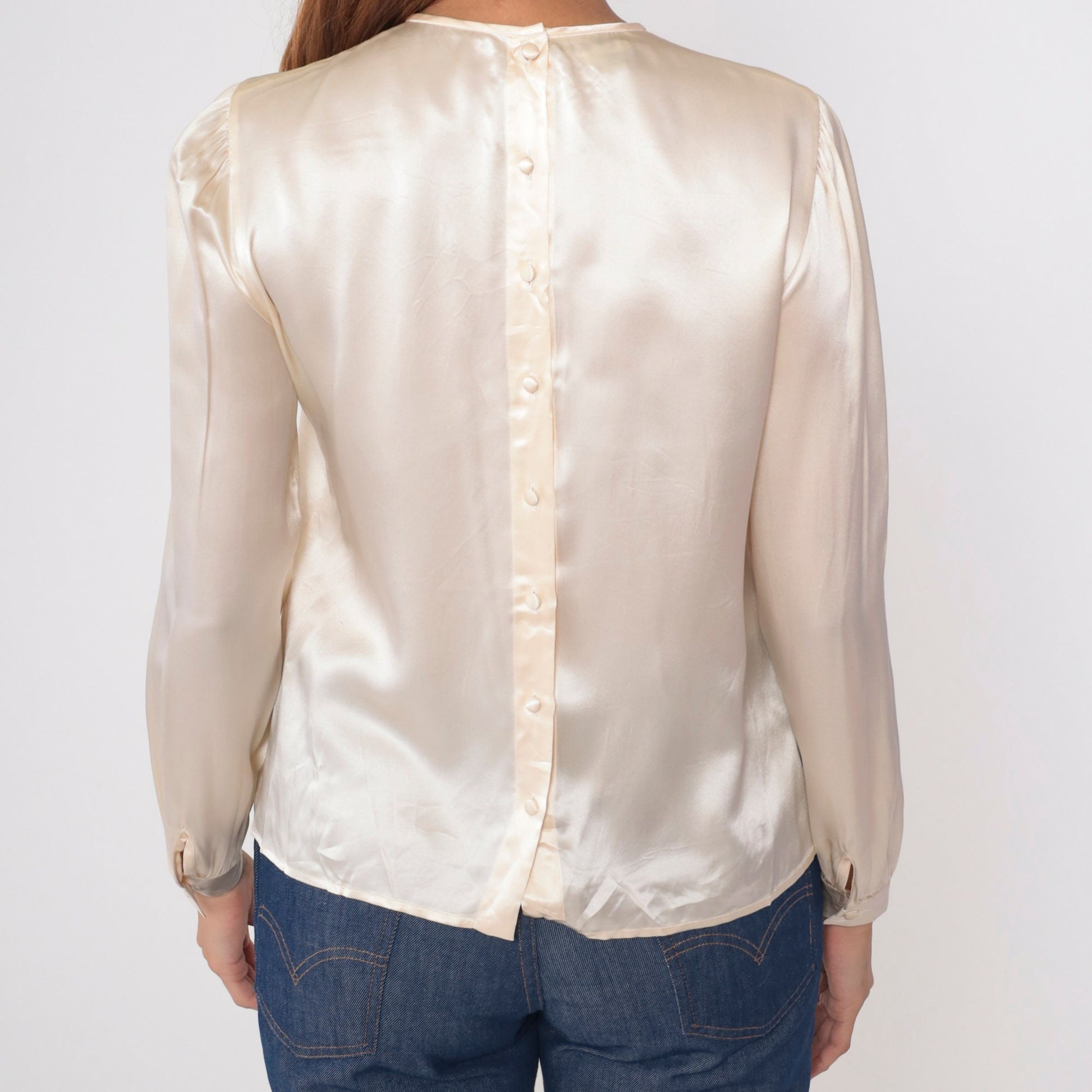 80s Lloyd Williams Silk Blouse Cream Sequin Leaf Beaded Puff Sleeve Medium