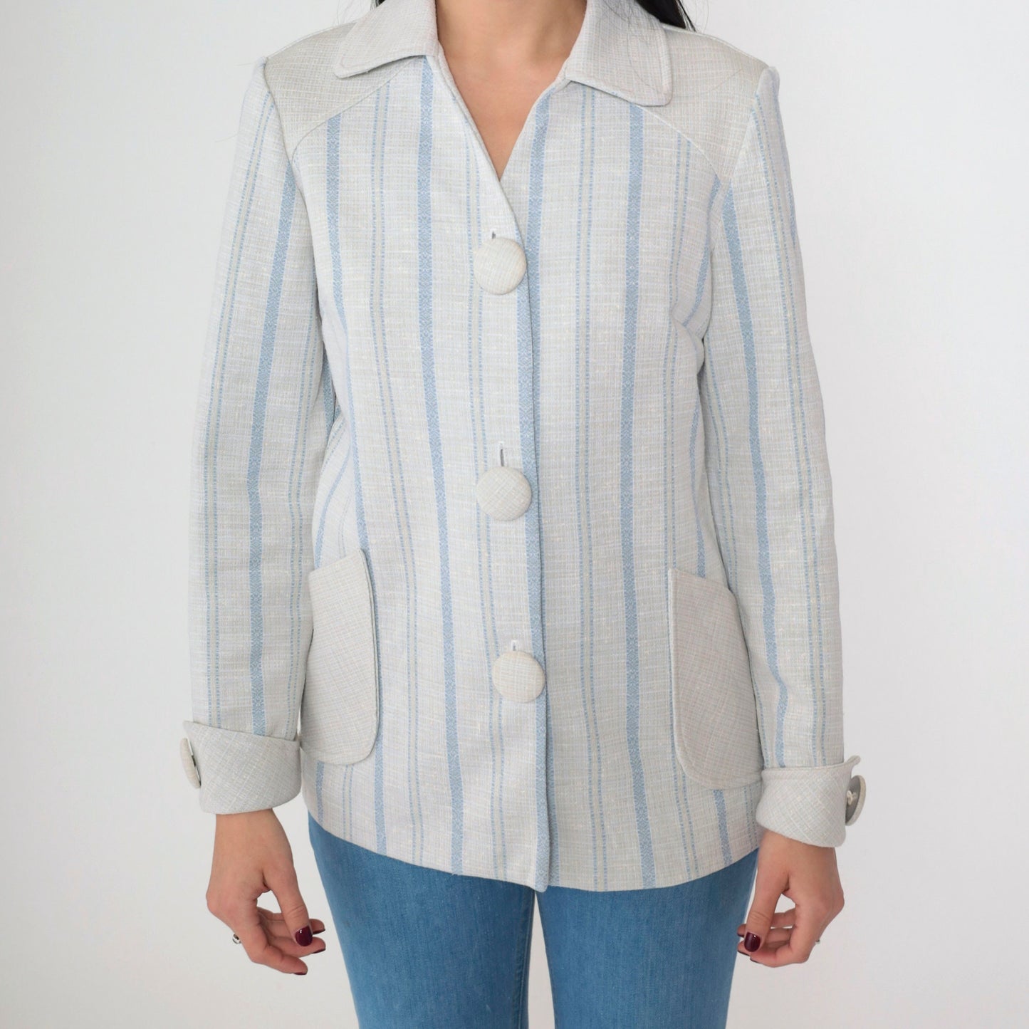70s Striped Button-Up Blouse Grey Blue Vertical Stripes Collared V-Neck Medium