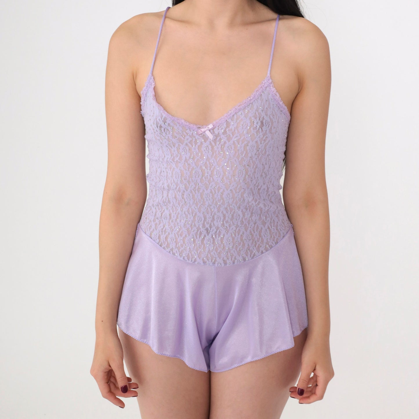 80s Purple Lace Teddy Lingerie Bodysuit Rhinestone Beaded Floral Small S