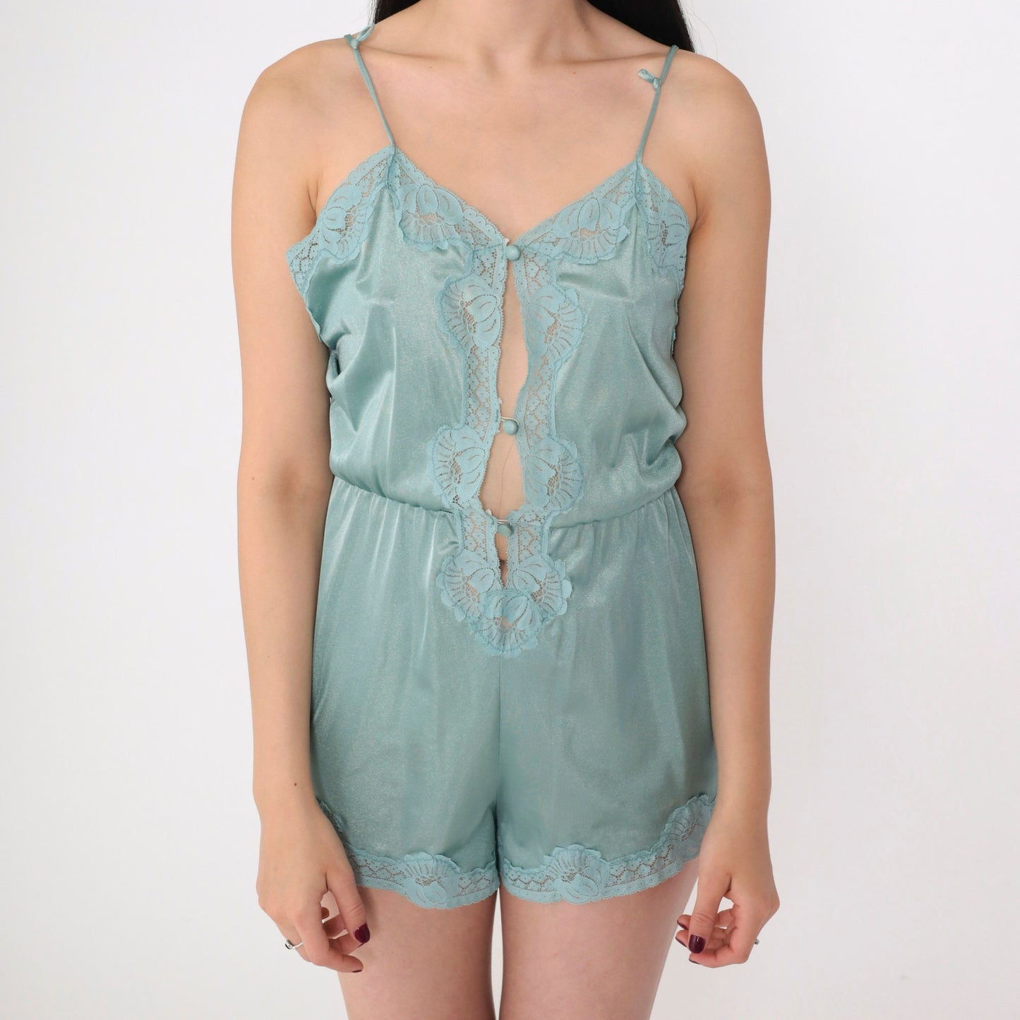 80s Seafoam Lace Teddy Lingerie Button-Up Bodysuit Medium