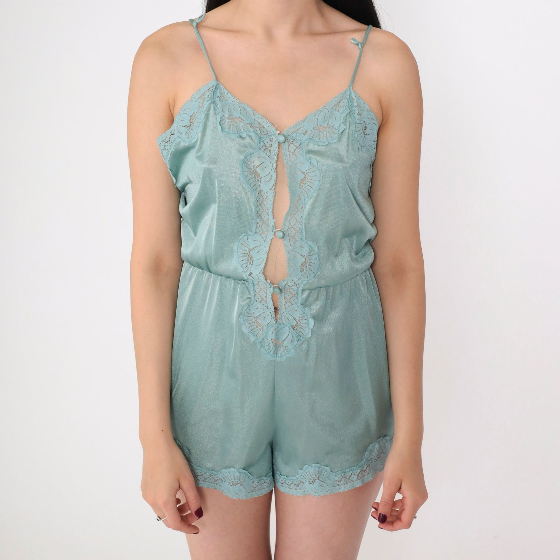 80s Seafoam Lace Teddy Lingerie Button-Up Bodysuit Medium