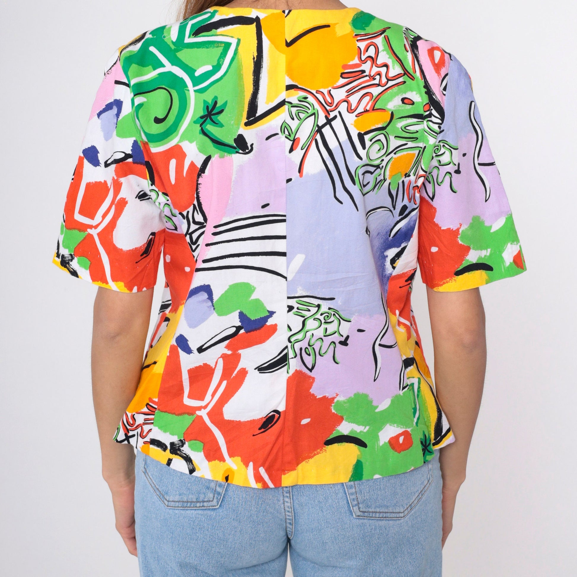 90s Abstract Tropical Button-Up Blouse Multicolor Geometric Print Medium