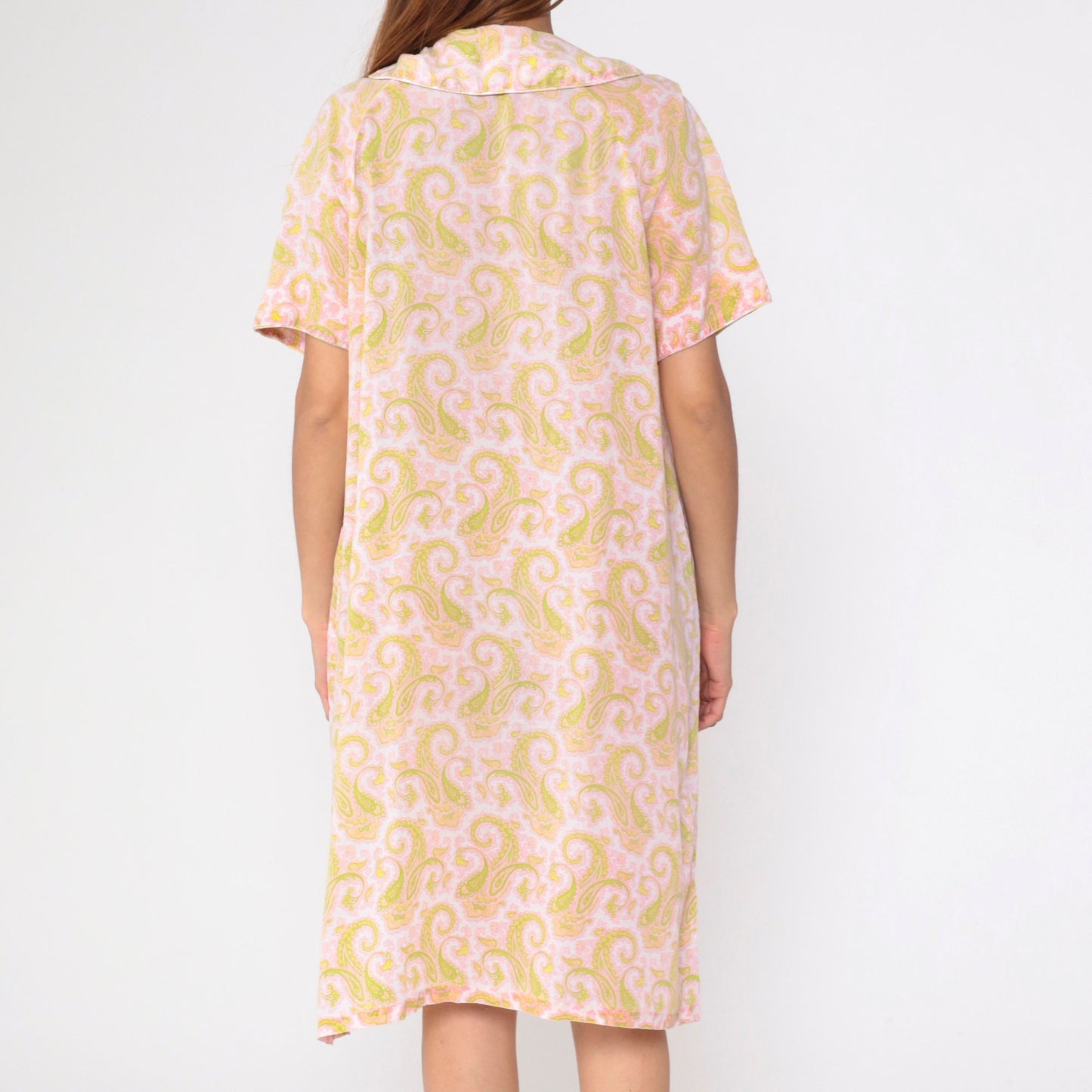 60s Paisley Nightgown Peter Pan Collar Button-Up Midi Shift Dress Pink Green Large L