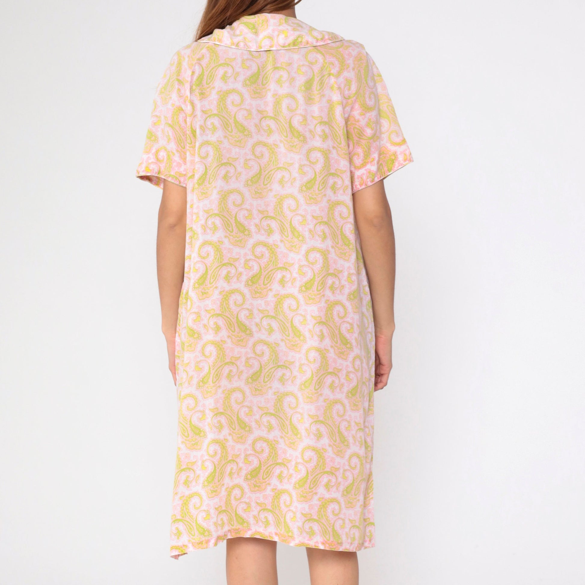 60s Paisley Nightgown Peter Pan Collar Button-Up Midi Shift Dress Pink Green Large L