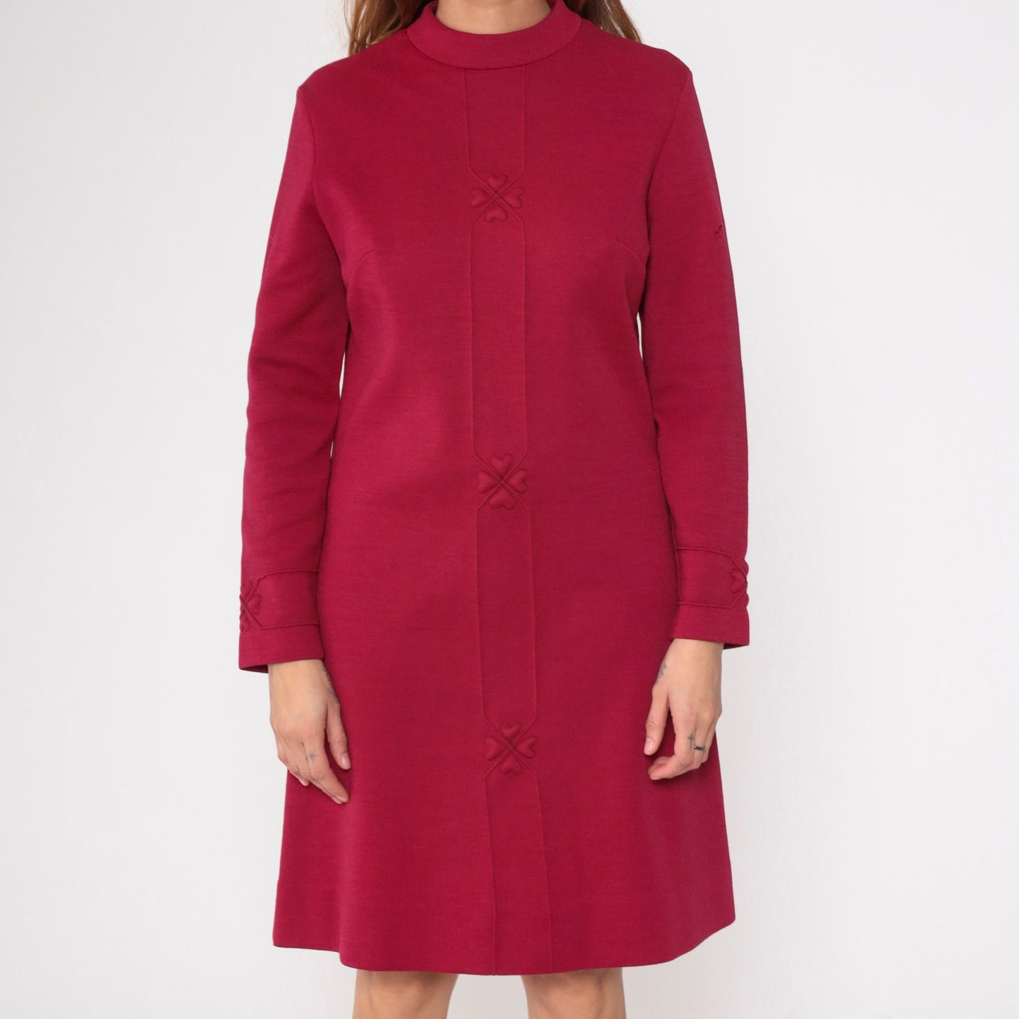 70s Burgundy Heart Wool Blend Shift Dress Long Sleeve Mini Medium