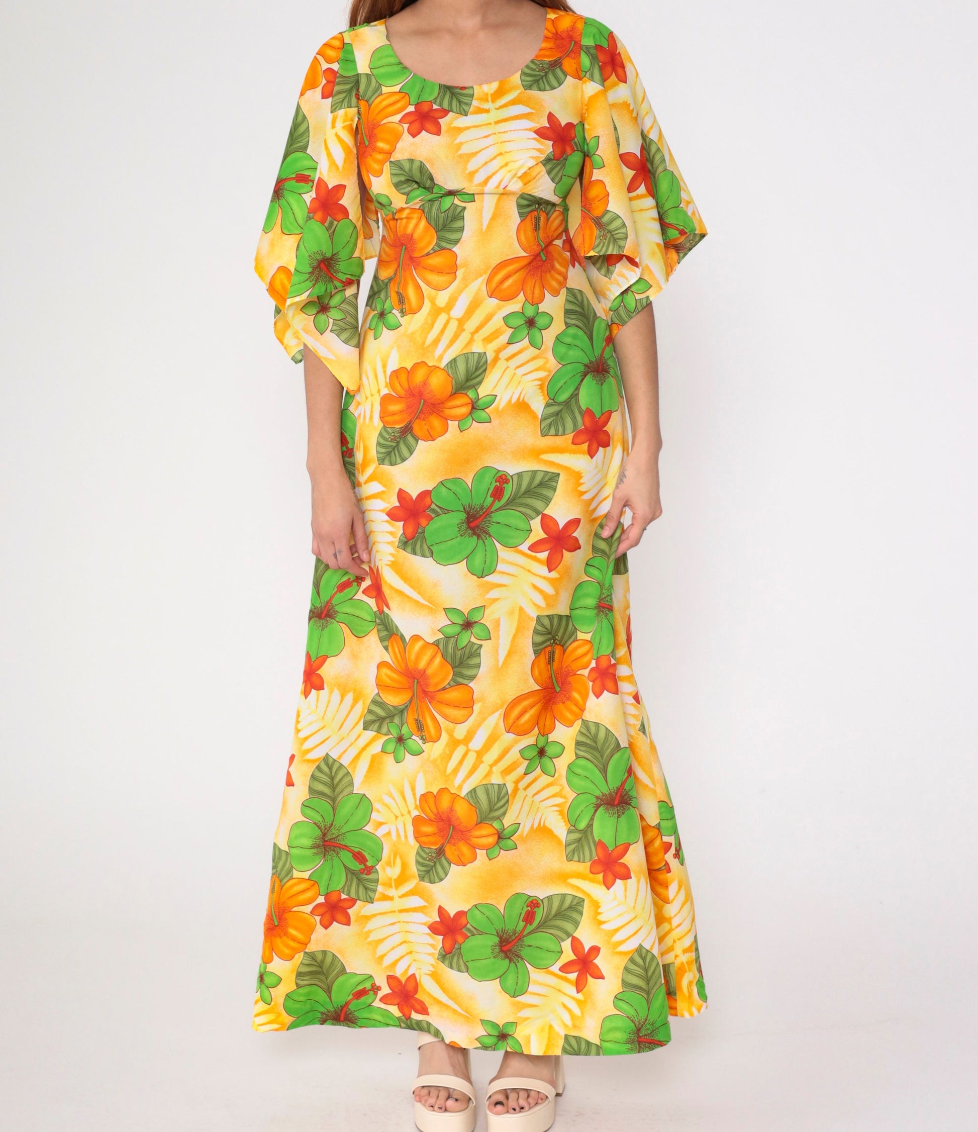 70s Pomare Hawaiian Floral Maxi Dress Angel Sleeve Empire Waist Small