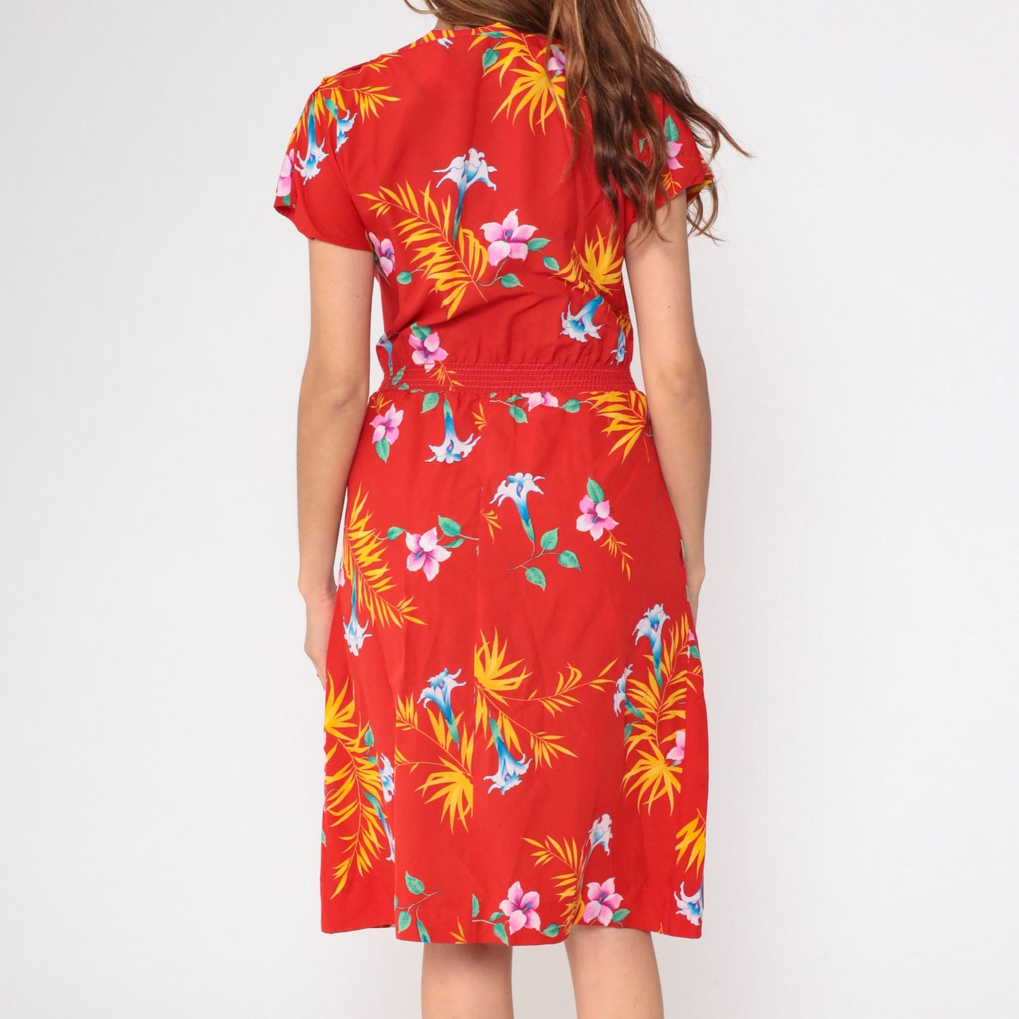 80s Hilo Hatties Tropical Floral Midi Dress Red High Waist Short Sleeve Small Medium