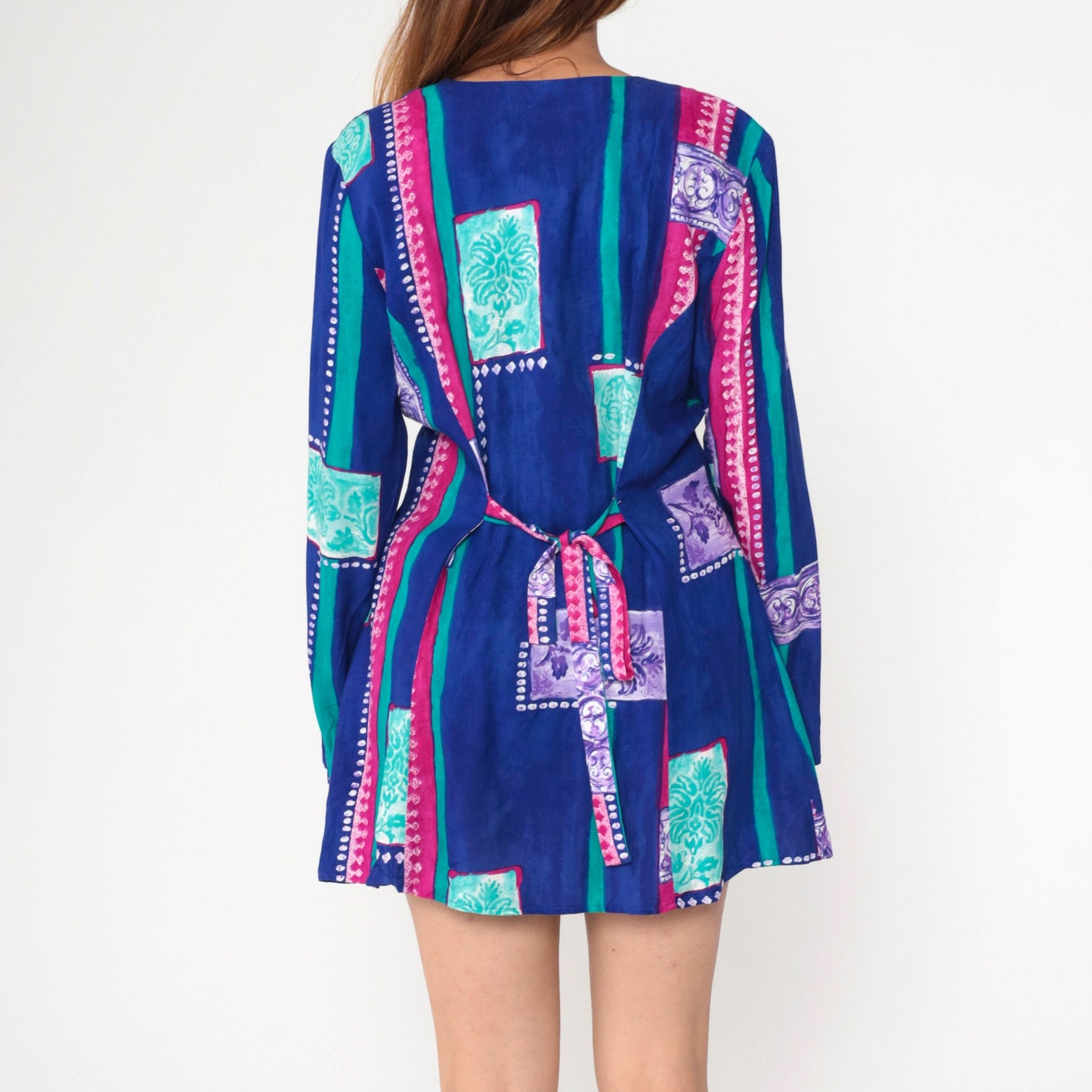90s Anthony Mark Hankins Floral Striped Button-Up Blouse Deep V Neck Blue Medium