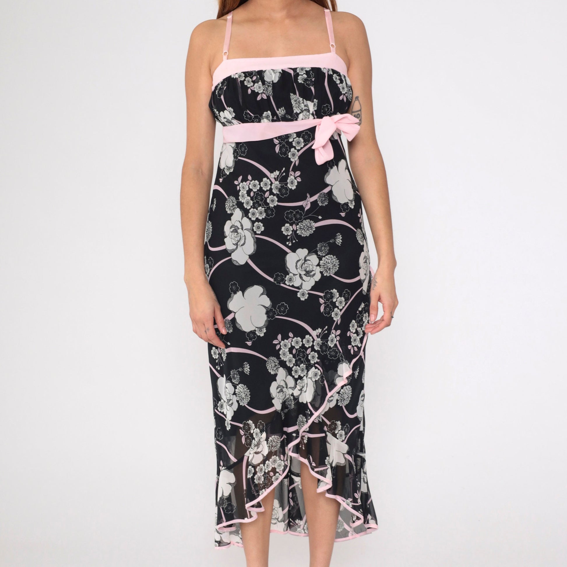 00s Black Floral Midi Sundress Baby Pink Bow Empire Waist Spaghetti Strap Medium