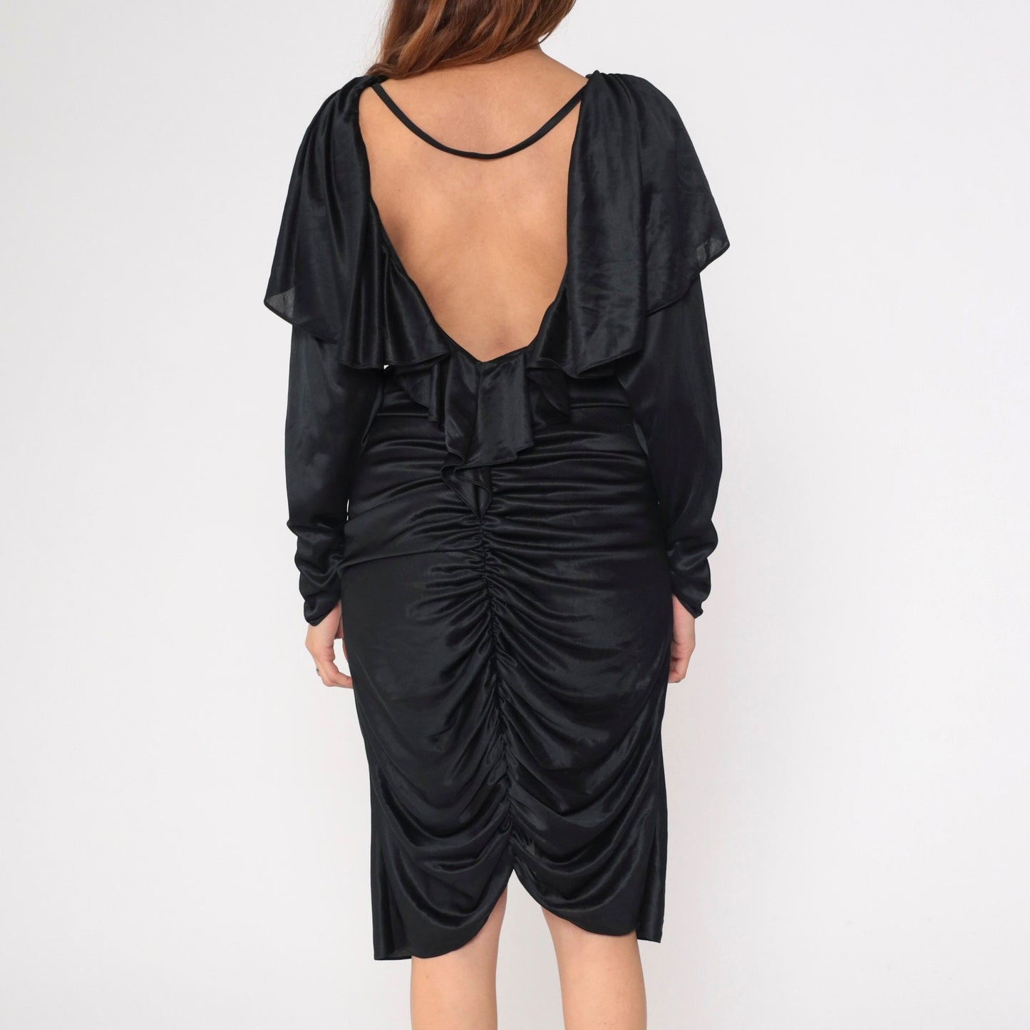 80s Black Beaded Midi Dress Cape Sleeve Open Back Ruched Medium