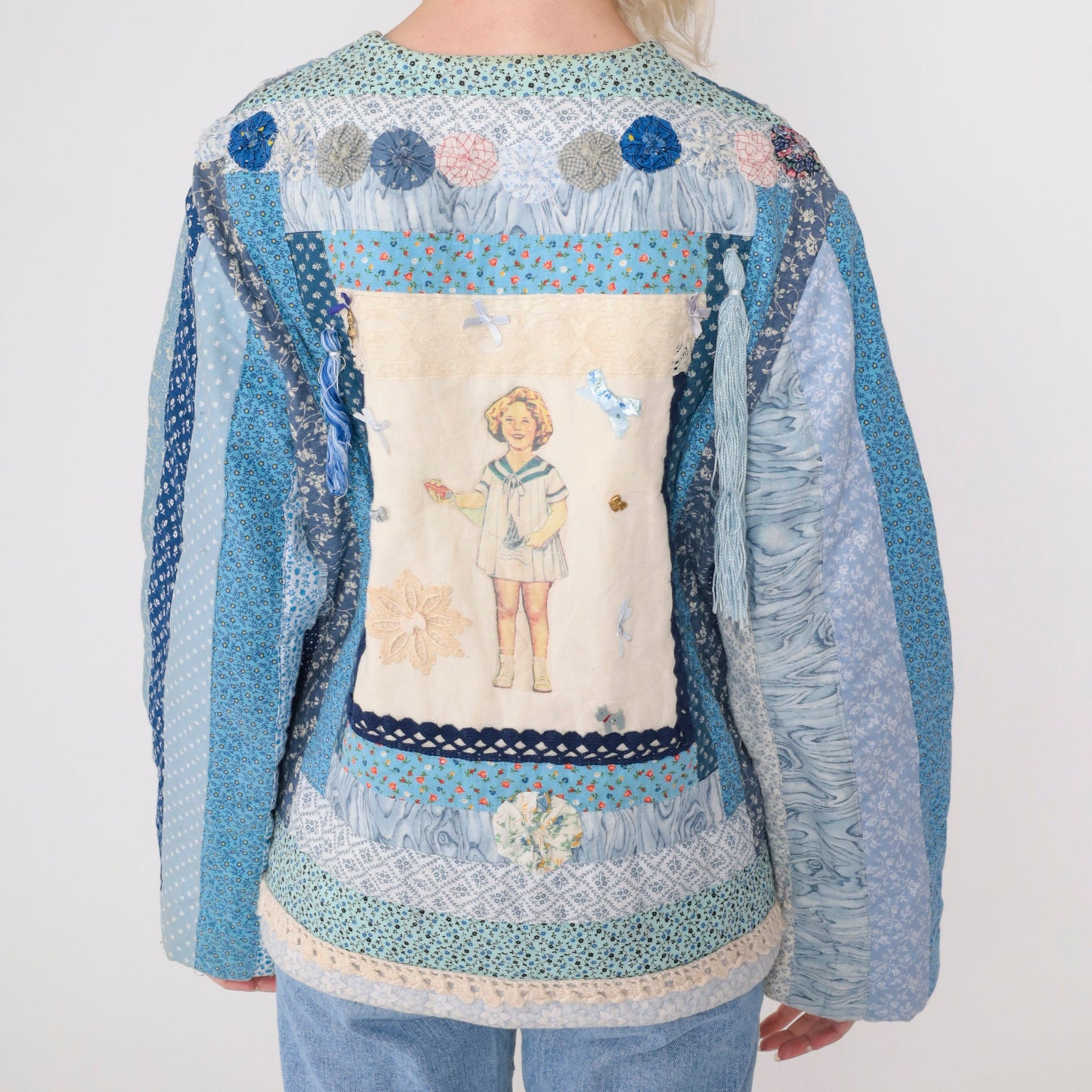 90s Patchwork Jacket Floral Quilt Blue Girl Cat Dog Button Charm Large L