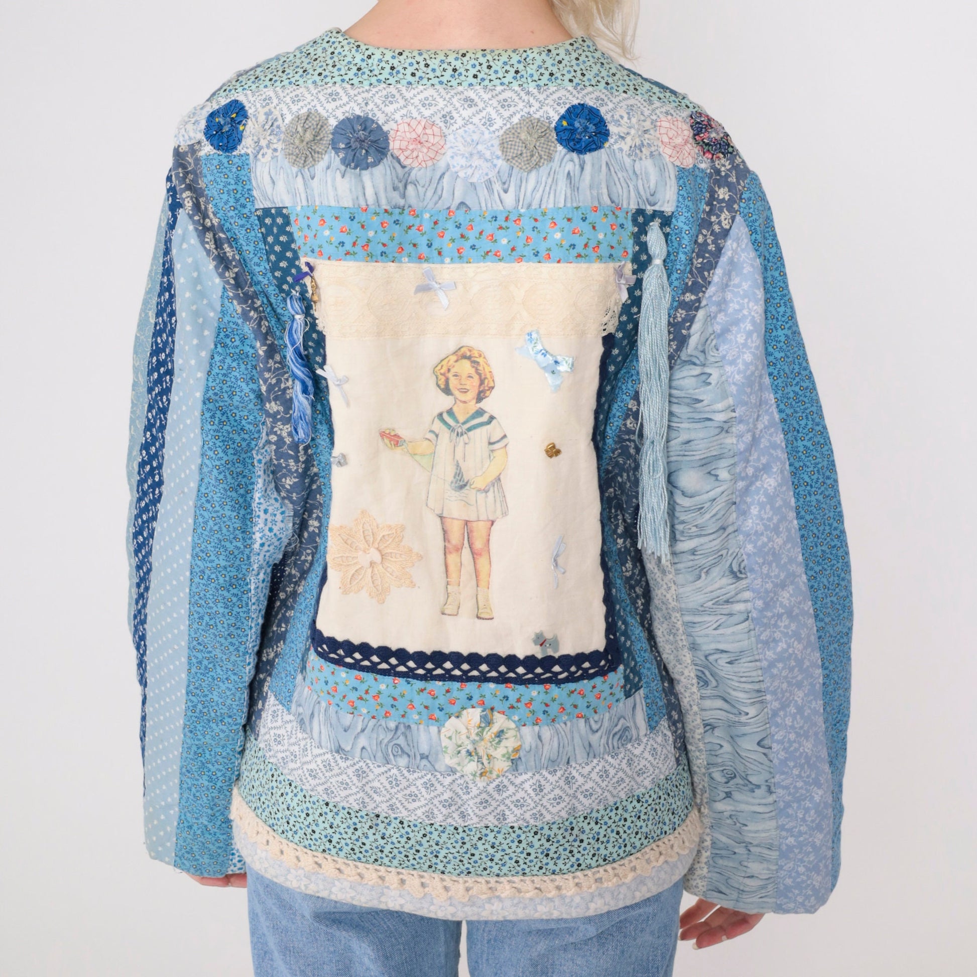 90s Patchwork Jacket Floral Quilt Blue Girl Cat Dog Button Charm Large L