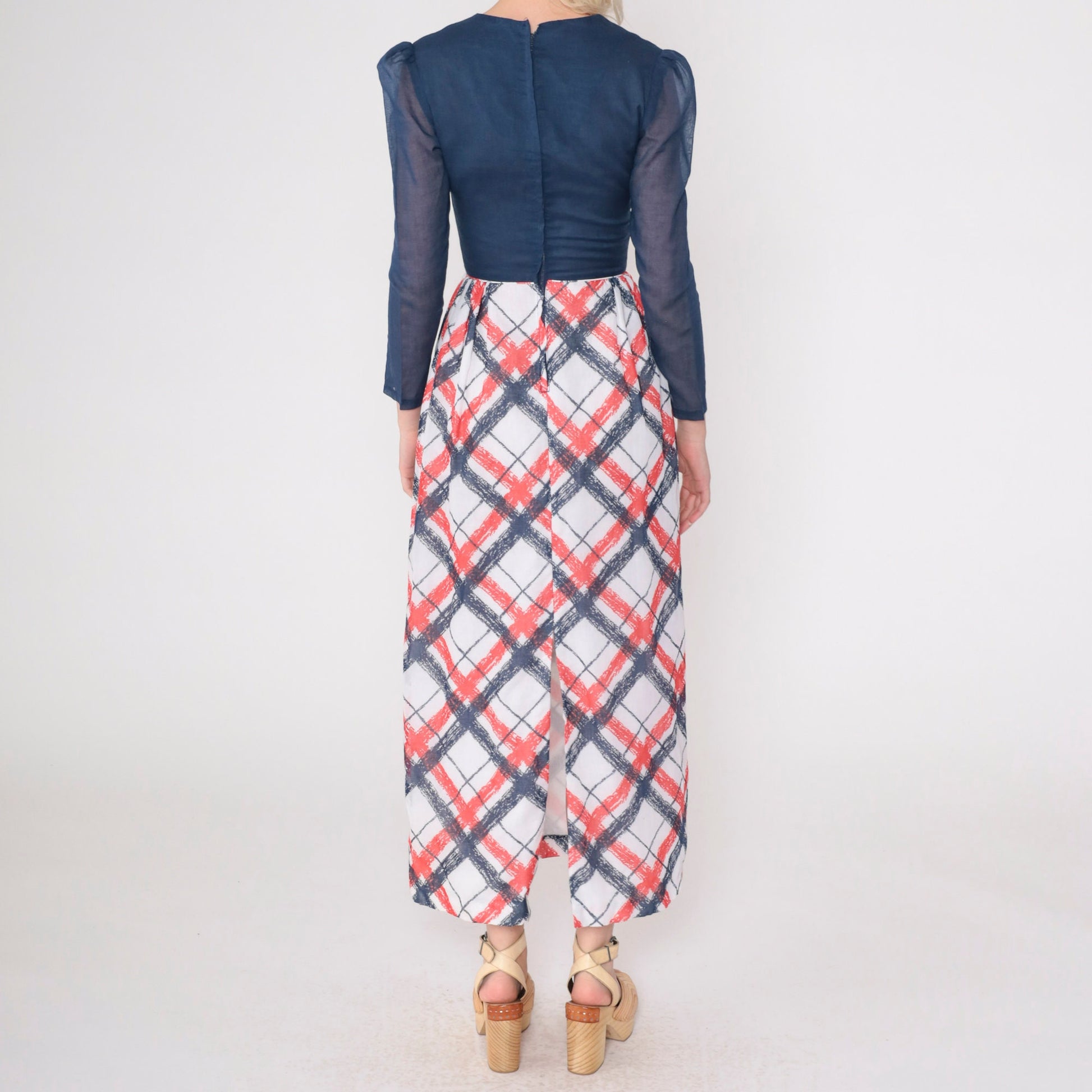 70s Checkered Maxi Dress Puff Sleeve High Waist Dark Blue Red White XXS