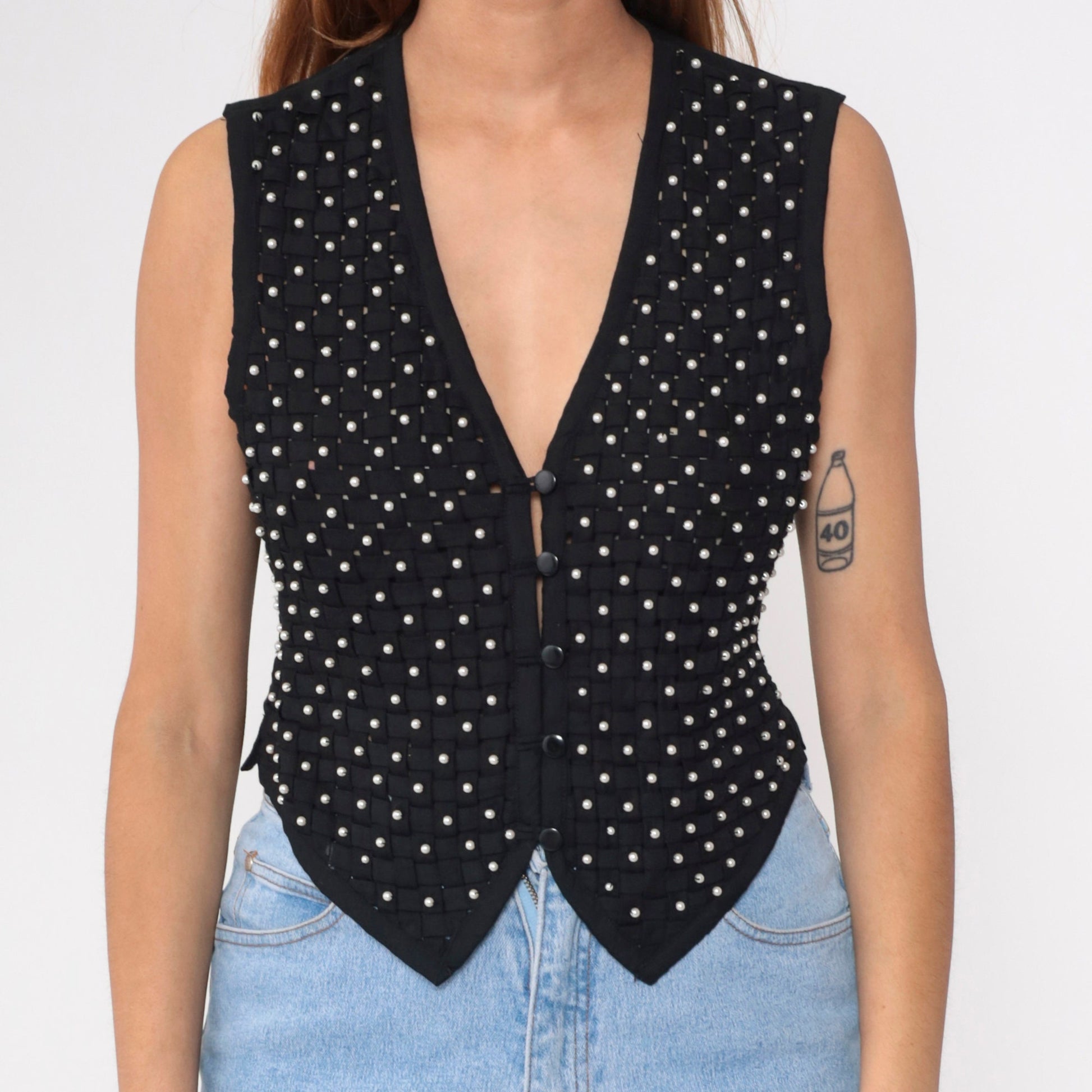 90s Kenar Petites Black Pearl Beaded Vest Lattice Cutout Small