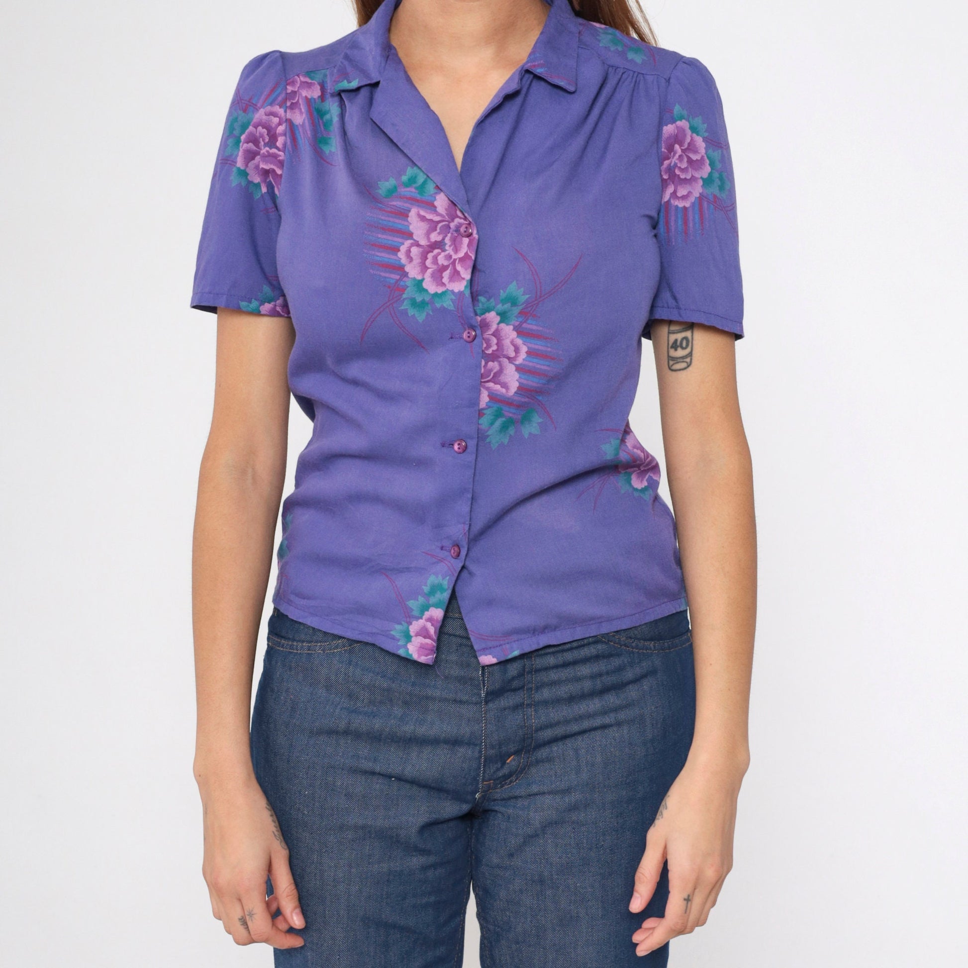 80s Purple Floral Puff Sleeve Button-Up Blouse Collared Shirt Small