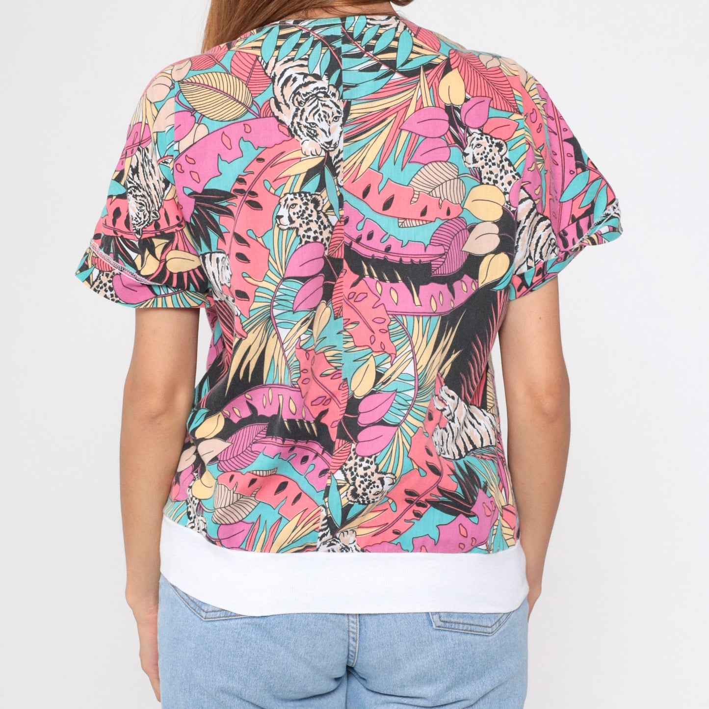 80s Jungle Animal Print V-Neck Shirt Tiger Leopard Safari Top Medium