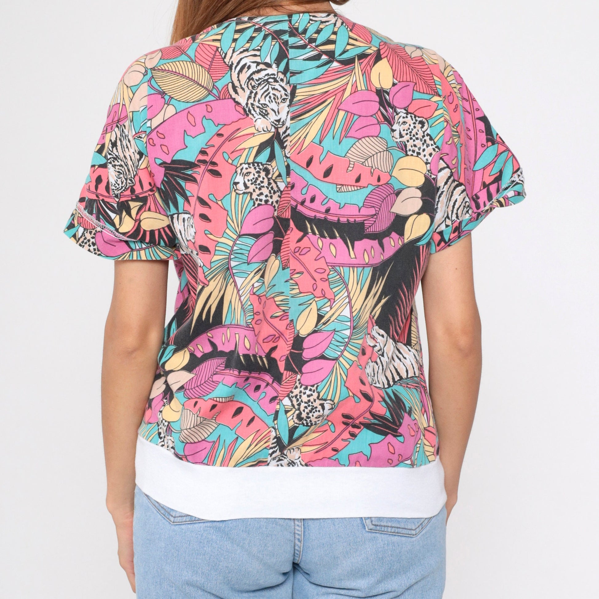 80s Jungle Animal Print V-Neck Shirt Tiger Leopard Safari Top Medium