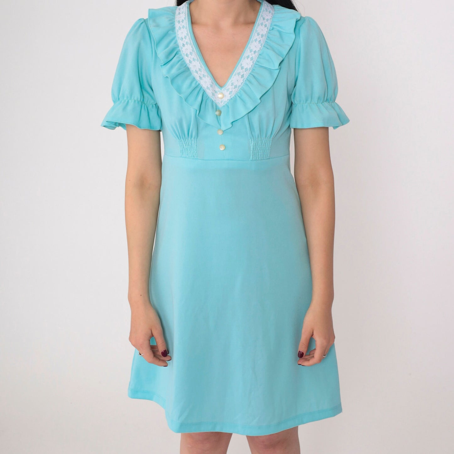 70s Blue Babydoll Mini Dress Empire Waist Puff Sleeve Lace Trim Small