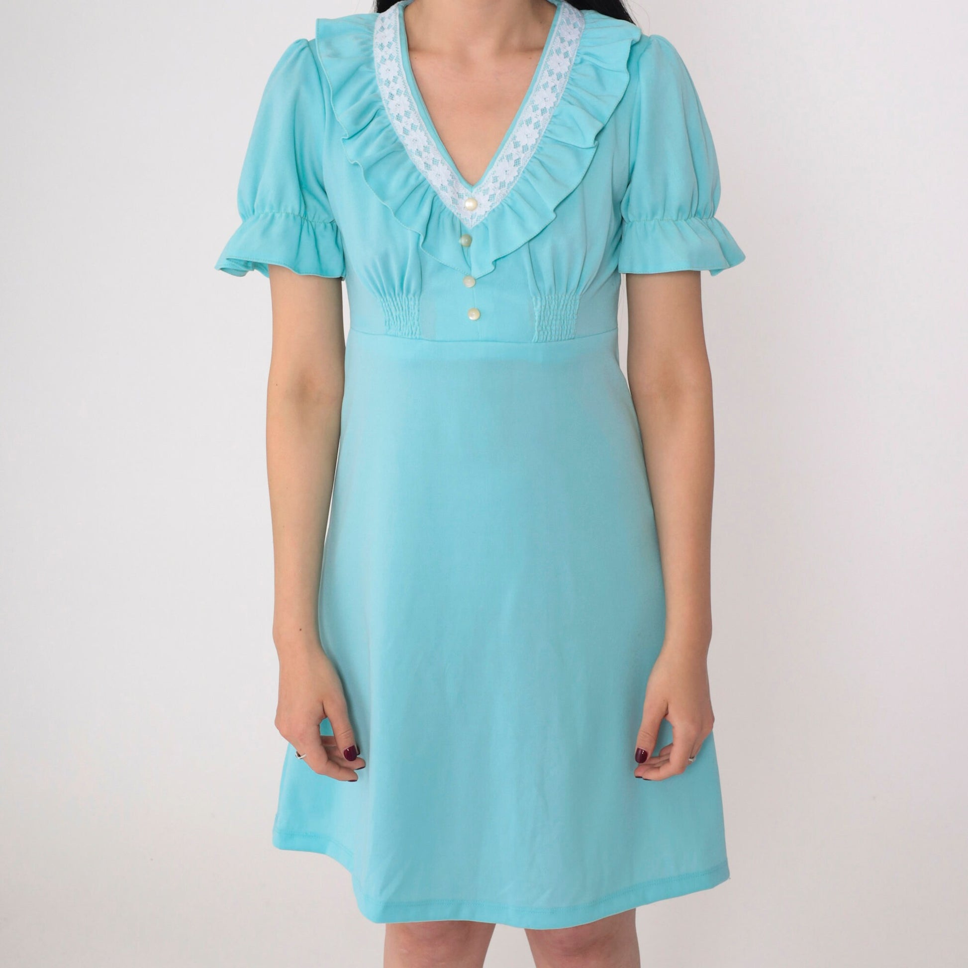 70s Blue Babydoll Mini Dress Empire Waist Puff Sleeve Lace Trim Small