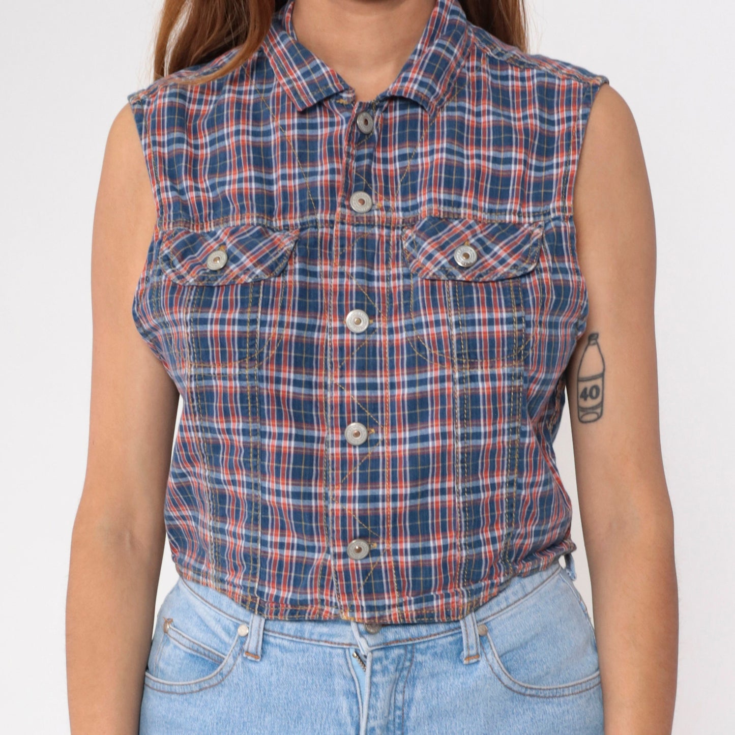90s Plaid Button-Up Tank Top Blue Orange Checkered Cotton Medium