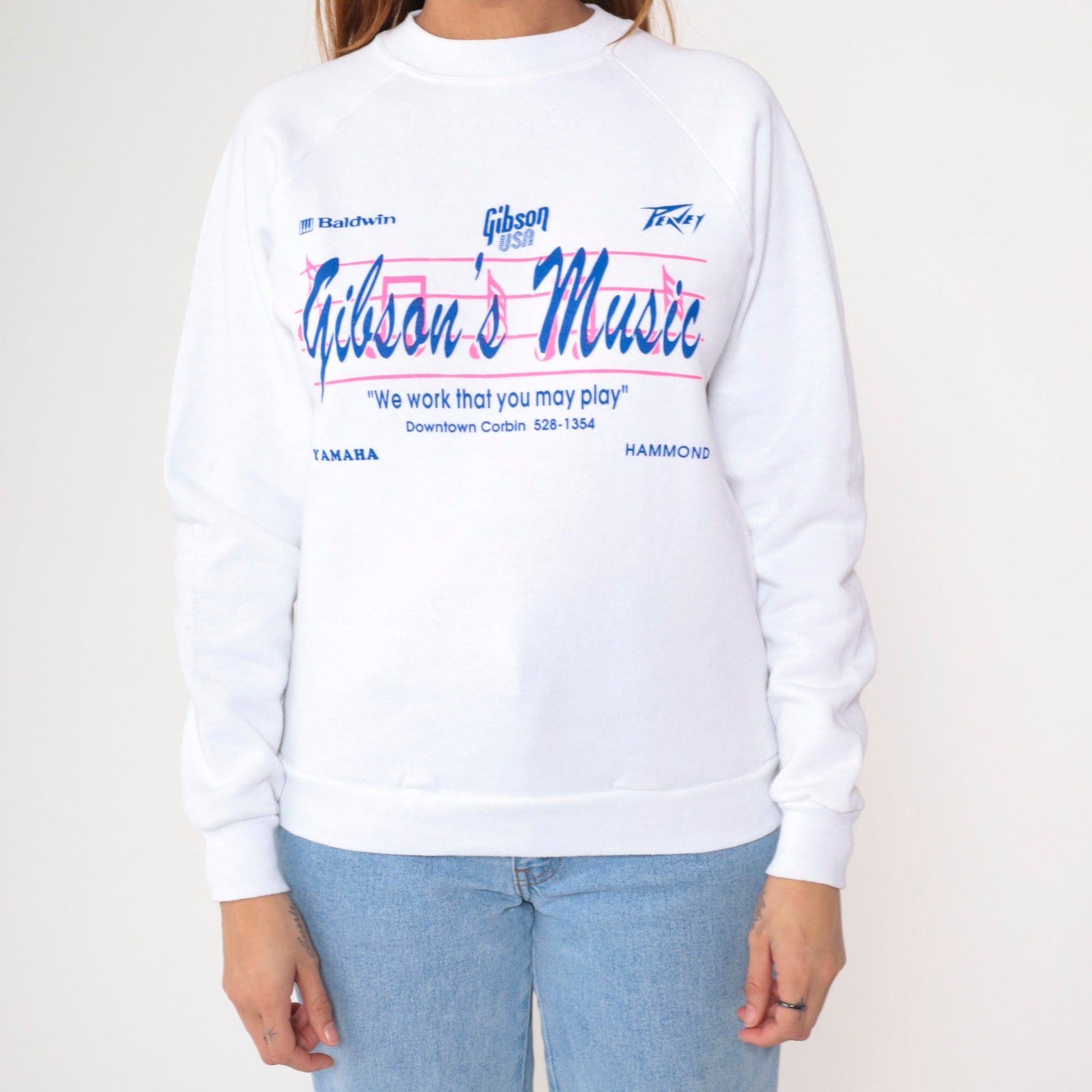 90s Gibson's Music Corbin Kentucky Graphic Sweatshirt White Raglan Small