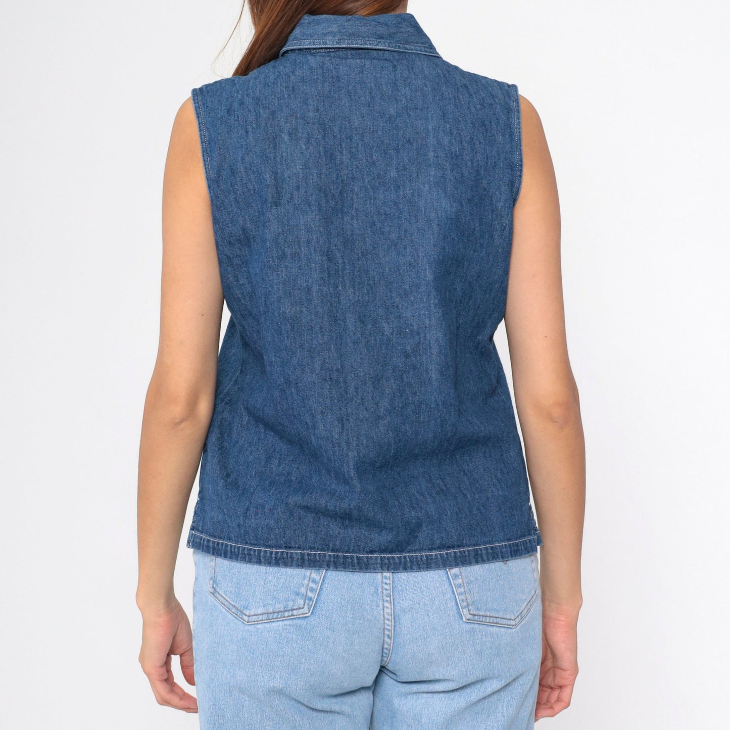 90s Denim Star Embroidered Sleeveless Button Up Blouse Blue Red Medium